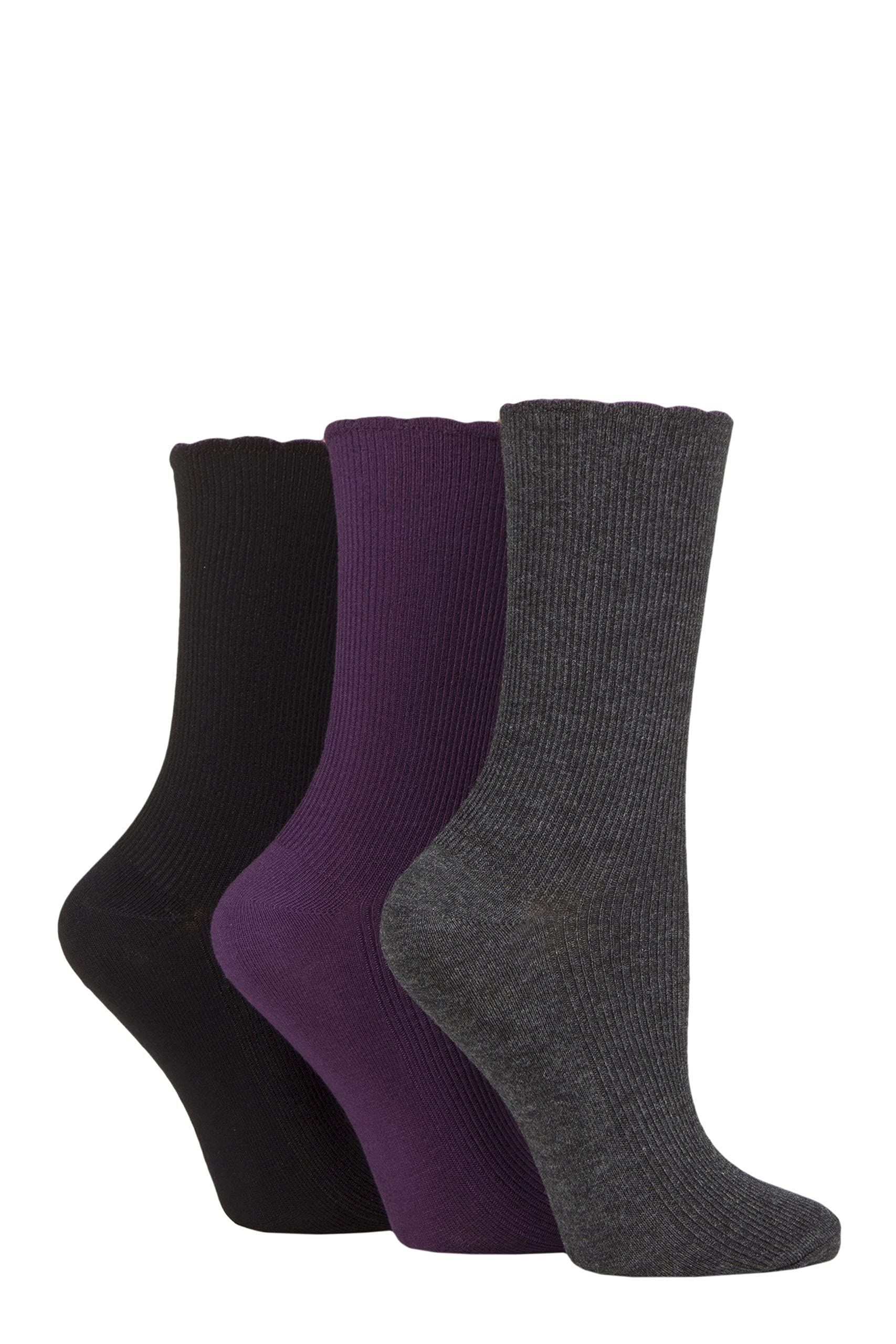 ElleLadies Ribbed Bamboo Socks with Scallop Top Pack of 3