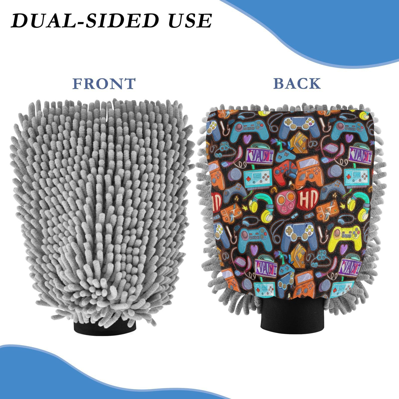 STAYTOP Cartoon Gamepad Controller Car Wash Mitt Microfiber, 2Pcs Scratch Free Lint-Free, Premium Chenille Microfiber Mitt Car Wash Brush-M