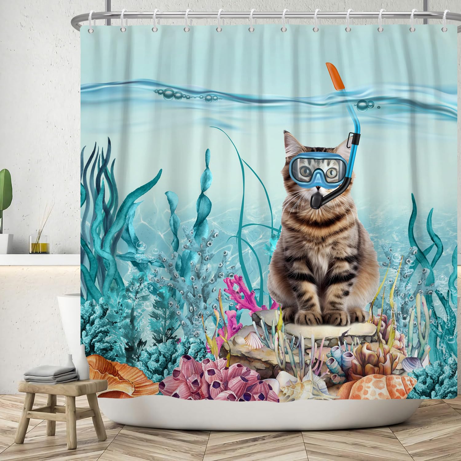 SDOTPMT 105x160cm Funny Cat Shower Curtain Cute Kitten Diving in Teal Blue Ocean Sea Coral Marine Alga Bathroom Curtain Waterproof Fabric Polyester Bathroom Home Decor with Hooks - Image 3