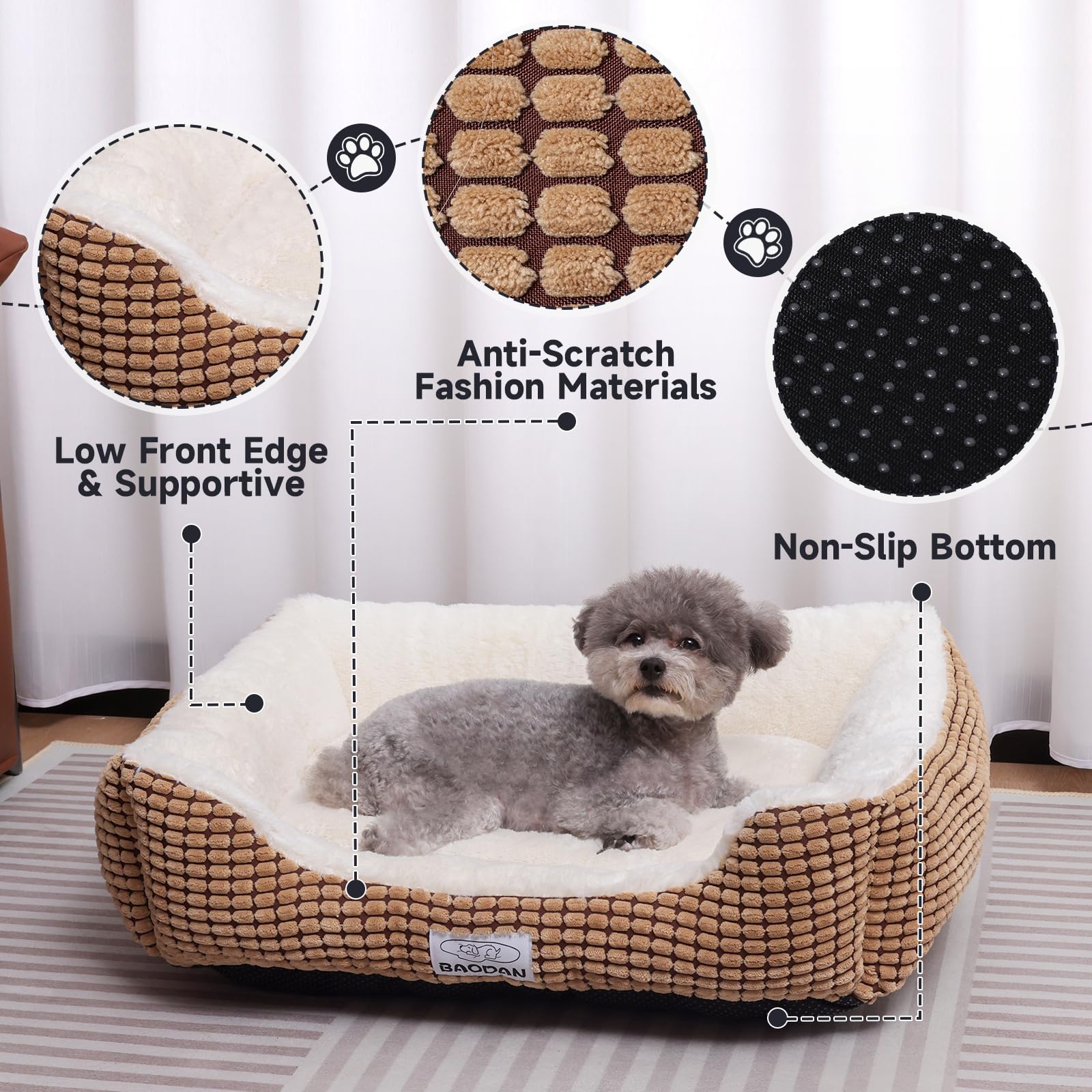 Baodan Small Dog Bed, Washable Cat Bed for Small Pet Rectangle Dog Bed With Non-Slip Bottom, Anti-anxiety and Soft, Beige 50x40 cm - Image 4