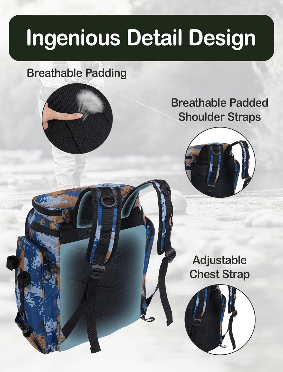 Handor Fishing Tackle Backpack, 50L Capacity, Waterproof Fishing Gear Bag (camouflage blue)
