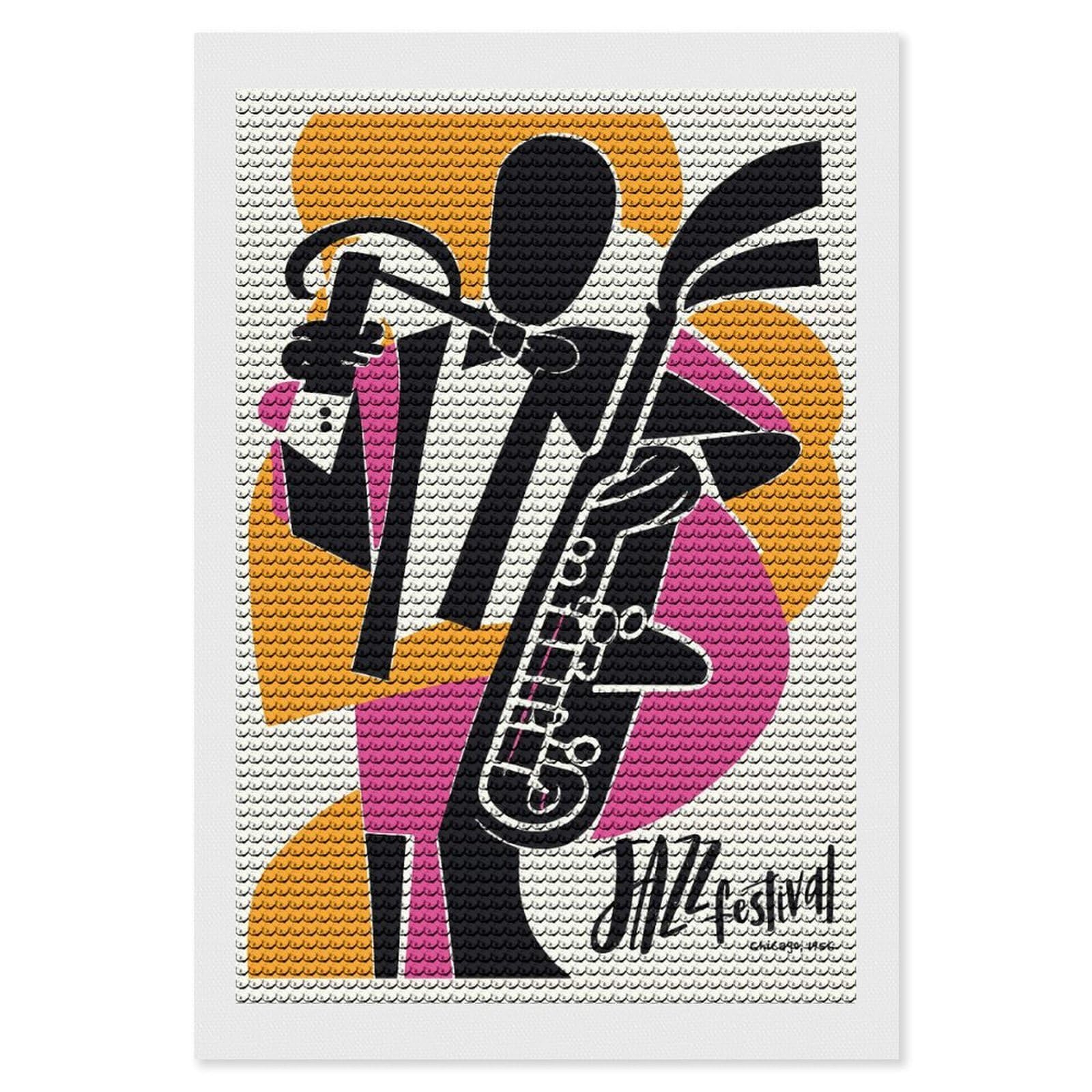 Junmoney Modern Jazz Festival DIY Diamond Art Canvas Kit 8"x12", Decorate Your Room, Sparkling Round Gems, Fun Craft Experience, Farmhouse Decor