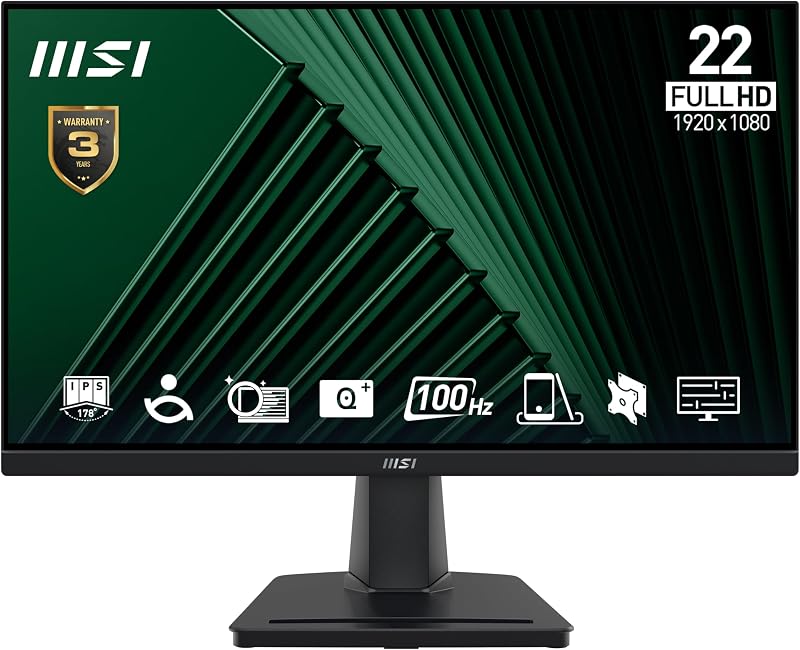 MSI PRO MP225V 21.5 Inch Full HD Office Monitor - 1920 x 1080 VA Panel, 100 Hz, Eye-Friendly Screen, Tilt-Adjustable - HDMI, D-Sub (VGA)