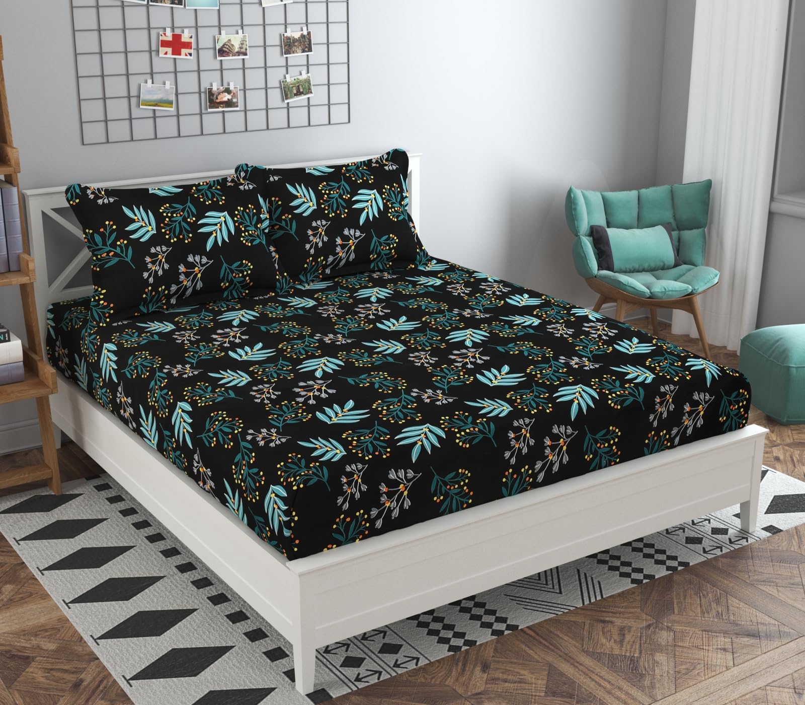 Namchi Printed Double bedsheet,Floral Flat Bedsheet Set,Leaf Pattern, Queen Size, Soft Microfiber Bed Sheets with Matching Pillowcases, Modern Bedroom Decor(90x100) cm (Double-Blue Pattiyan)-picture-10