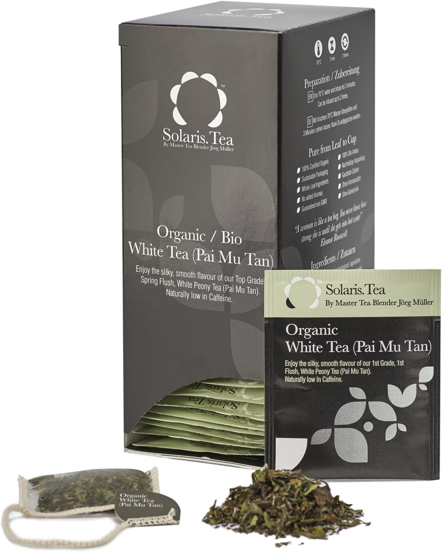 Solaris Tea - Organic White Tea (Pai Mu Tan) | 100% Organic Whole Leaf Tea | Certified Vegan | 40x Biodegradable Stitched Teabags, (1 x 60 g)