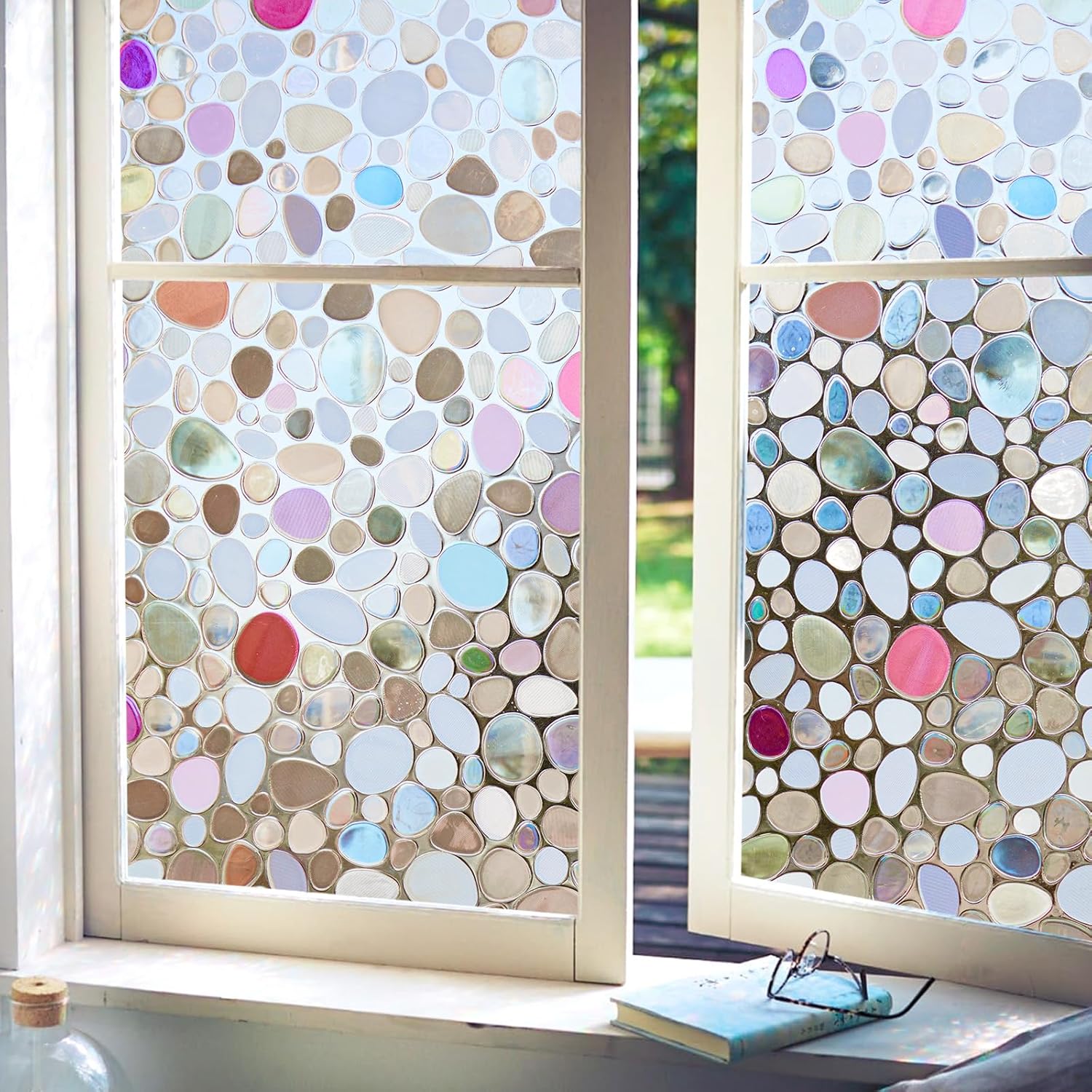 Viseeko Stained Glass Window Privacy Film?3D Pebble Decorative Rainbow Film Easy Install Colored Window Cling Non-Adhesive UV Protection 35.4x118inch Rainbow 35.4 x 118.1Inches