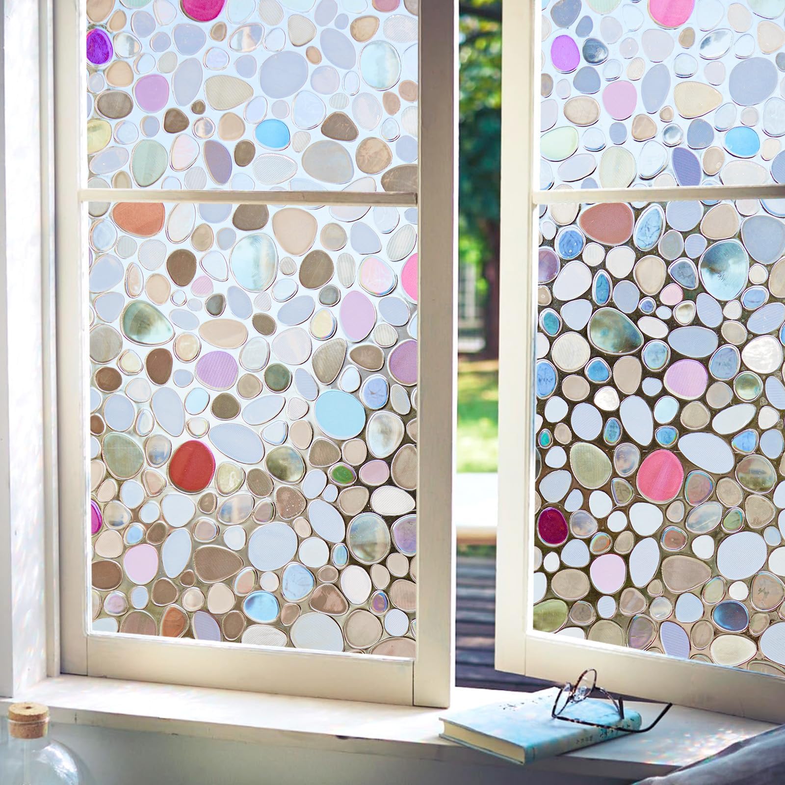 Viseeko Stained Glass Window Privacy Film：3D Pebble Decorative Rainbow Film Easy Install Colored Window Cling Non-Adhesive UV Protection 35.4x118inch