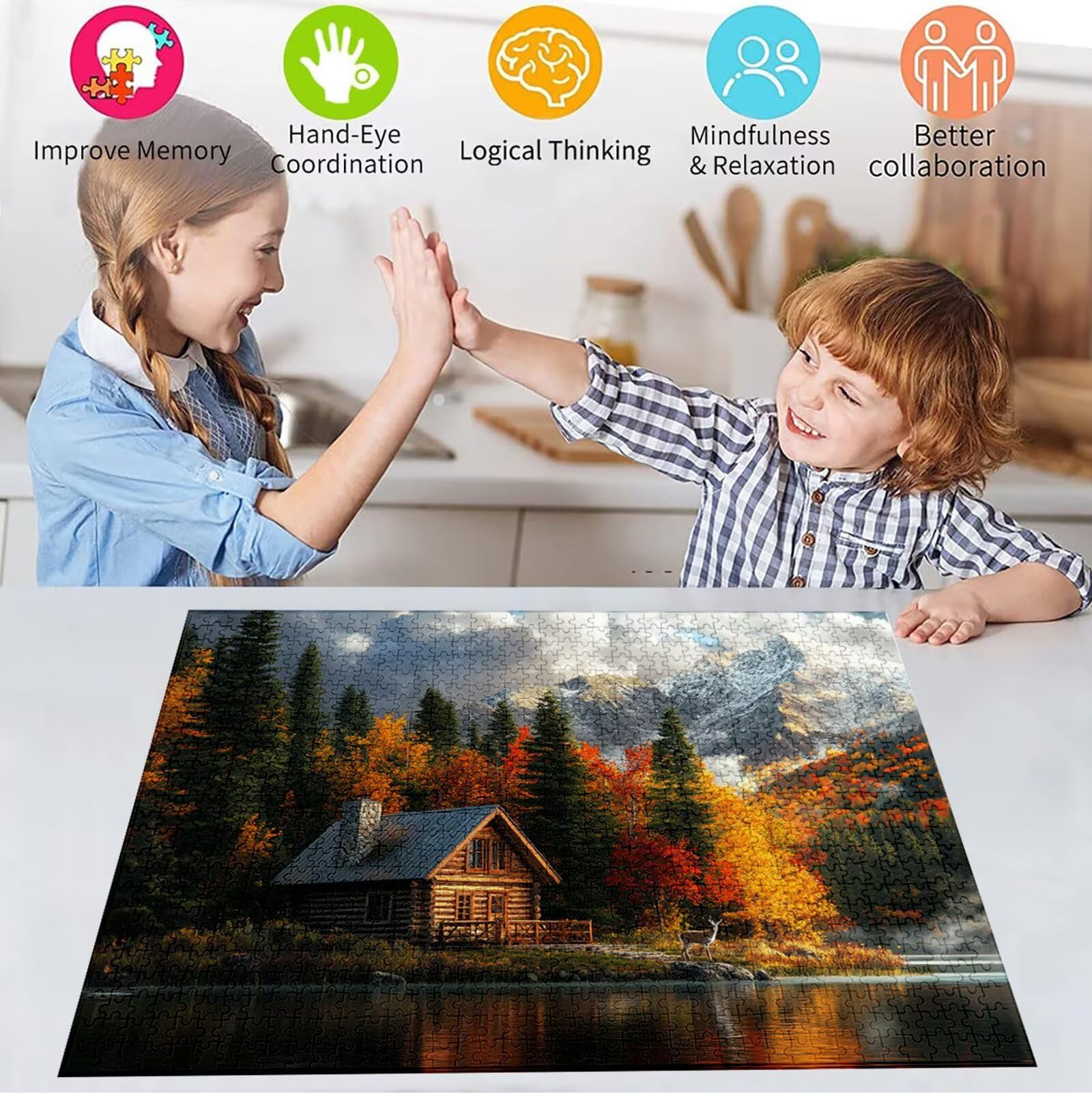 Puzzle 5000 Pezzi, 3 4 5 Anni Puzzle Cabina 6 7 8 Anni Giochi Educativi Sostenibili Con Motivi Per Adulti Da Gioco in Legno Di Alta Qualità Jigsaw Foresta per Gioco Familiare, Regalo Natale H-4121