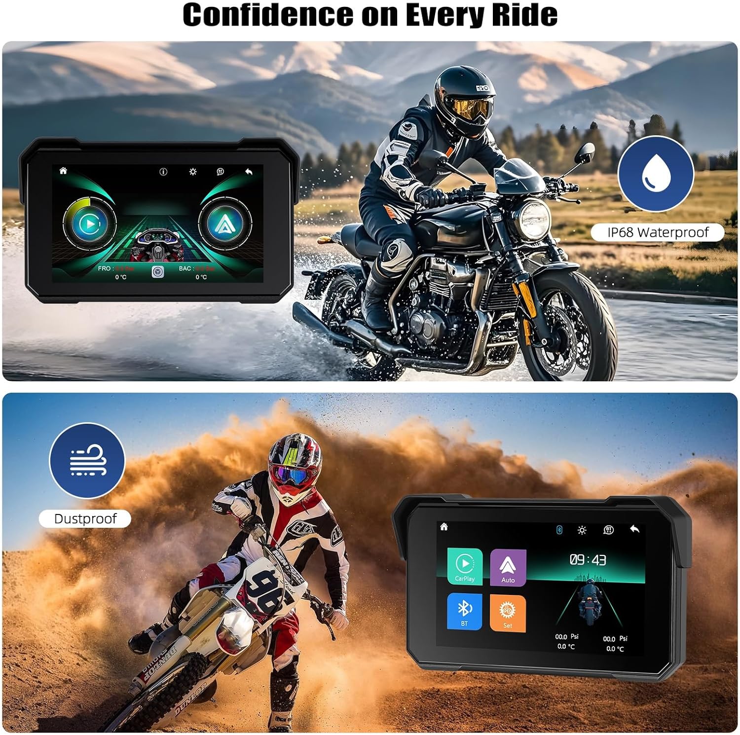 Image highlighting the IP68 waterproof and dustproof features of the CarPlay screen, with a motorcycle rider in the background.