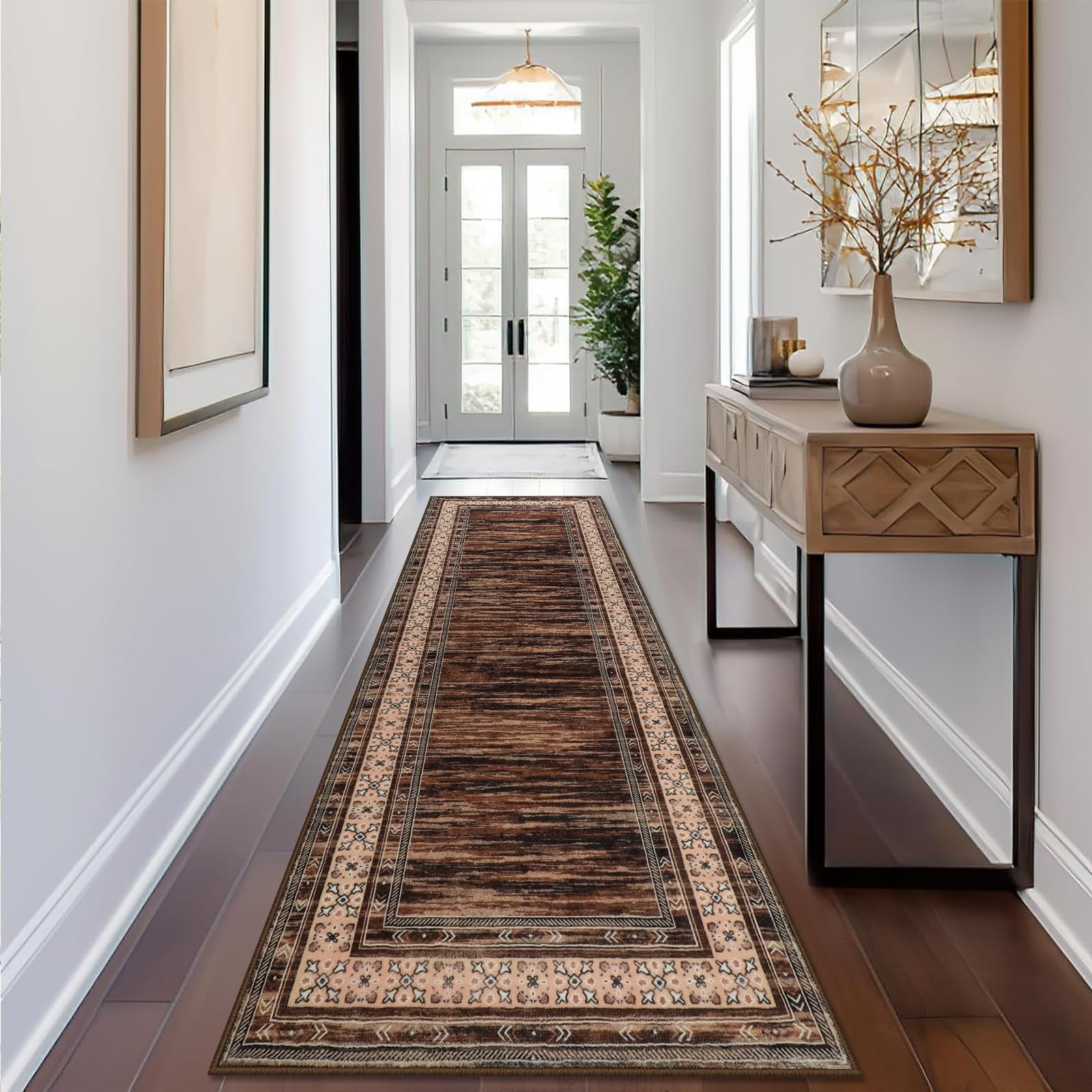 Modern Braun Läufer Teppich für Flur Waschbarer Läufer Teppich Flur 65x240cm Bettvorleger Küchen Wohnzimmer Schlafzimmer Teppiche rutschfest Kurzflor Weich Flurläufer Teppichläufer