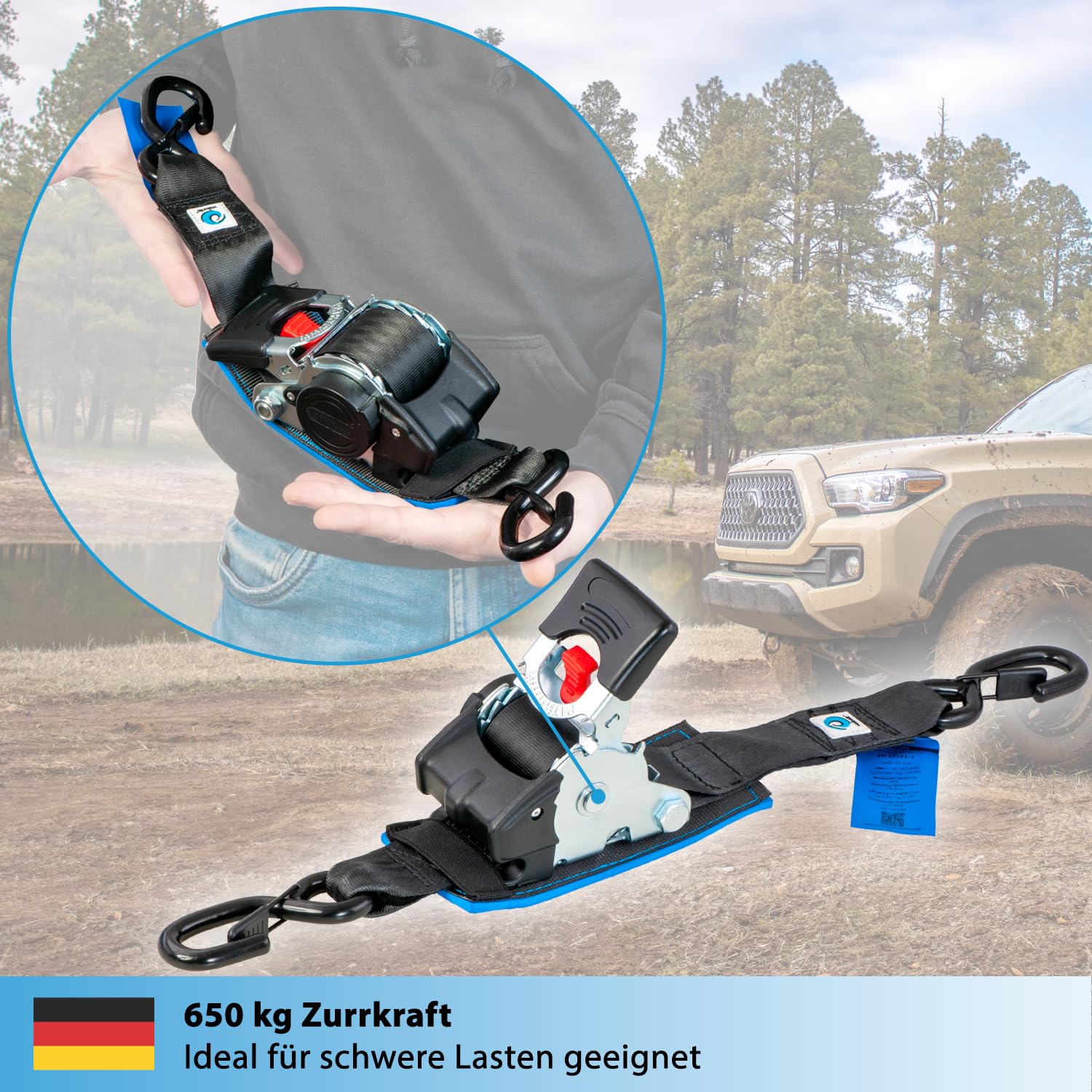 valonic Tanuki - 2X 3m XXL Automatik Spanngurt mit Haken, gepolstert, Blaue Fahne, 50mm, 650/1300Kg, EN-12195-2, mit Ratsche - Spanngurte Automatik, Zurrgurte für Motorrad, SUP, Auto schwarz
