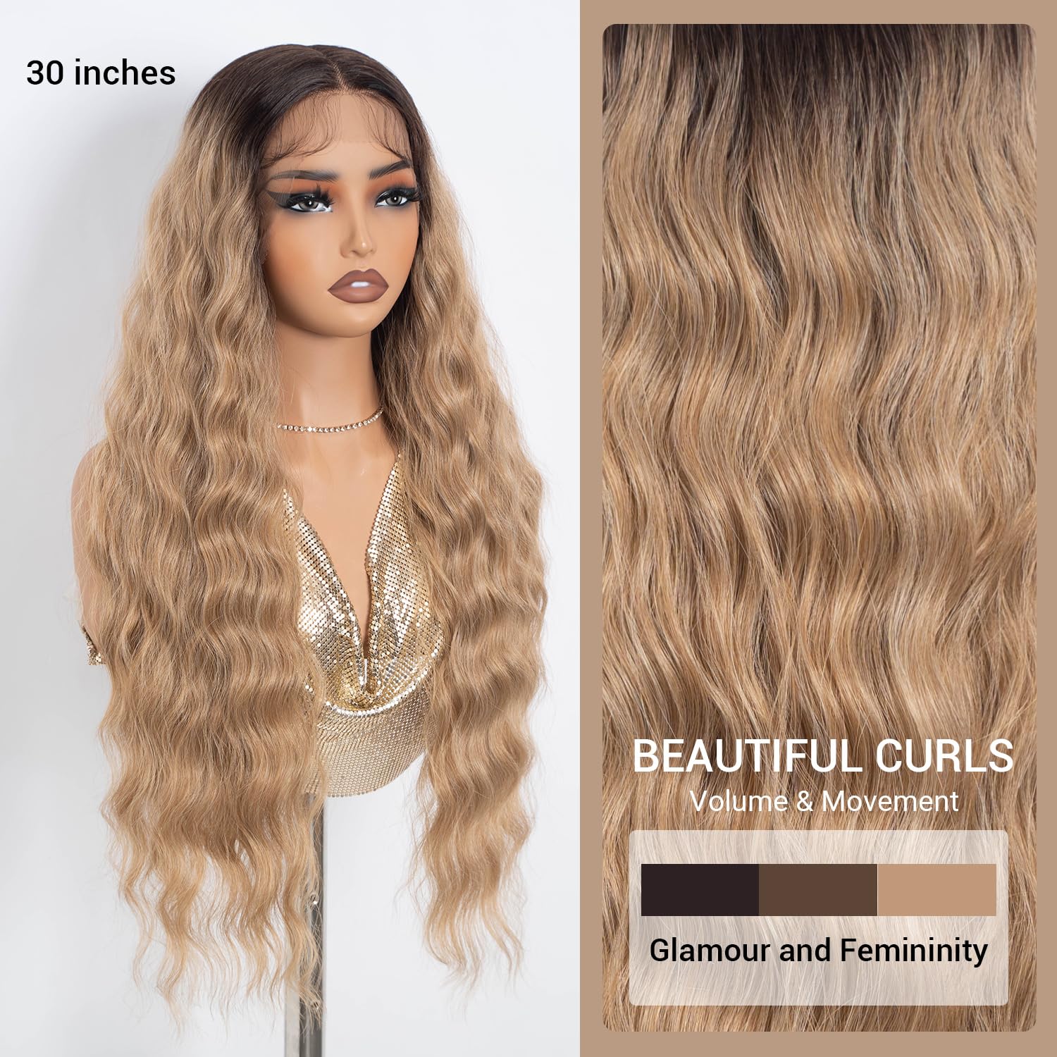 NOBLE Ombre Brown Lace Wig for Women Long Wavy Lace Front Wig 30-Inch Middle Part Natural Hairline Synthetic Lace Wavy Curly Heat Resistant Fiber Wigs - Image 3