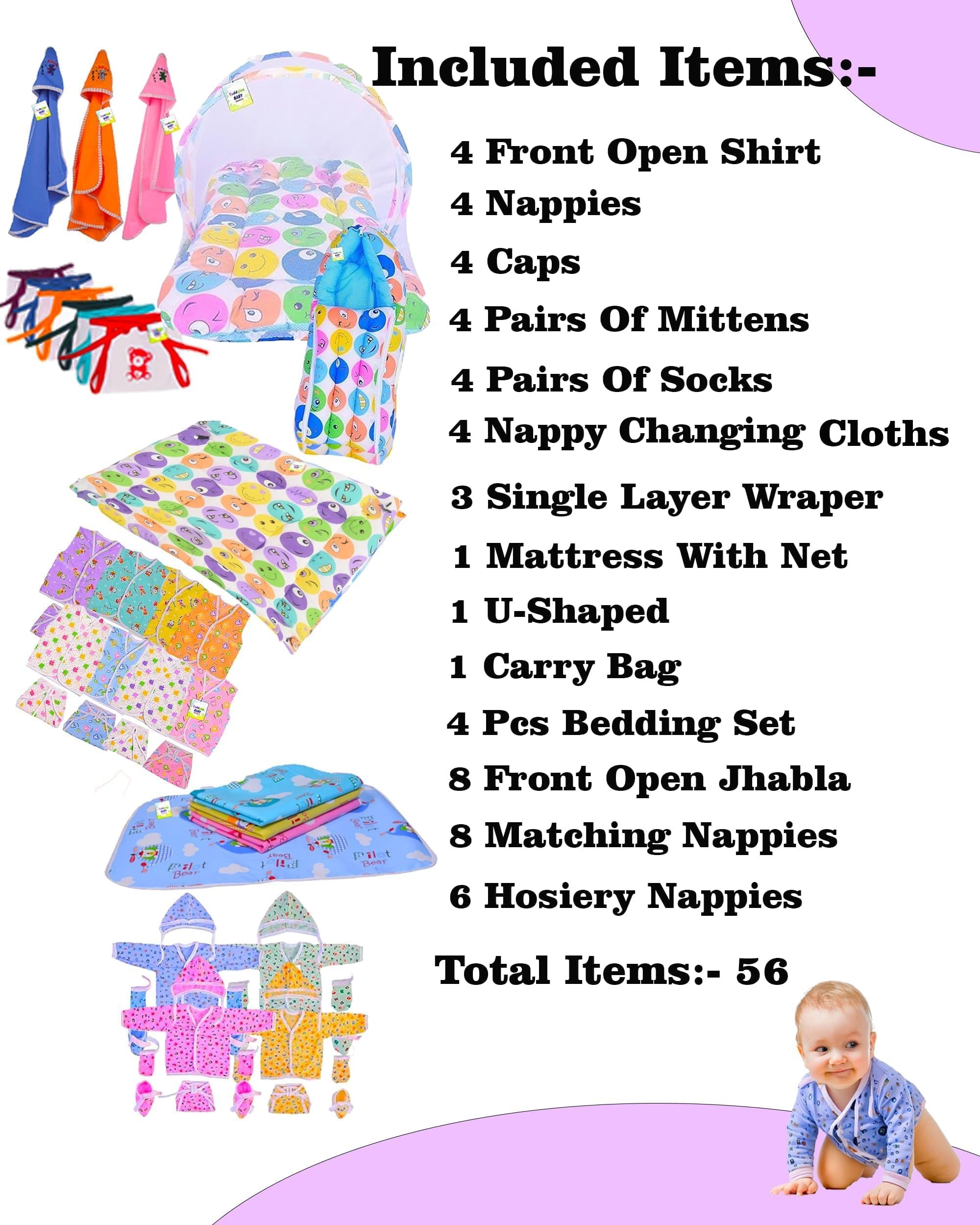Toddylon Flat Bed 56 in 1 New Born Products All | Gift Packs | Baby Shower | Bed | Clothing | Essentials Items | Combo Pack | Maternity Kit | Infants | Bedding | Clothes (0-6 Months, Multicolor) 1