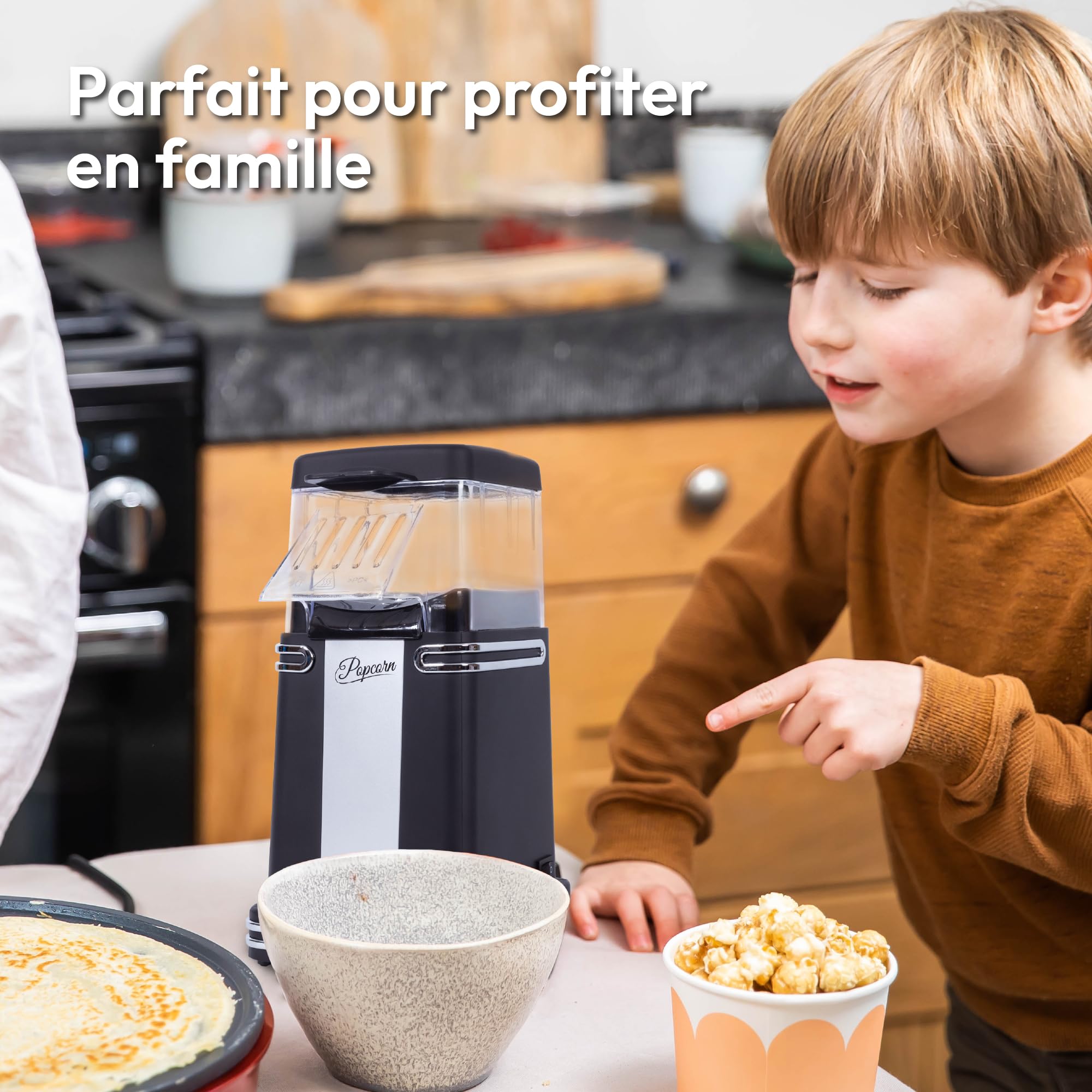 Gadgy Machine à Pop-Corn - Appareil à Popcorn - Machine à Pop-Corn à Air Chaud Rapide - Sans Huile, sans Graisse - avec Tasse à Mesurer et Couvercle Supérieur Amovible - Revêtement Noir Rétro