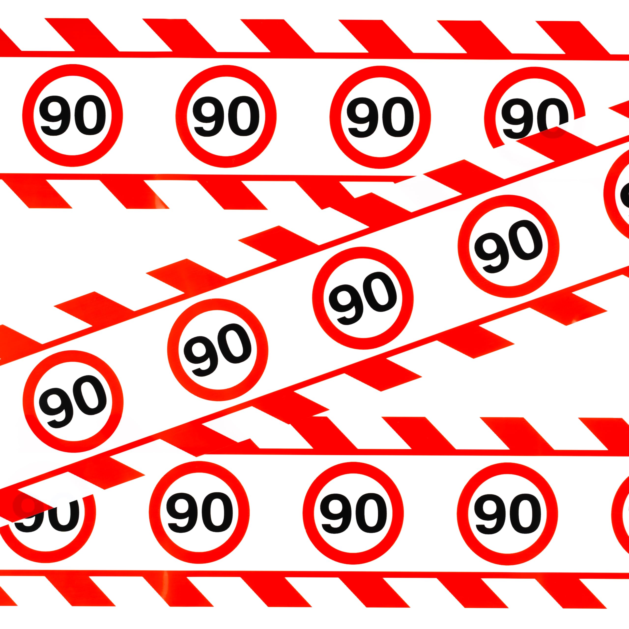 Tiwoca 90th Birthday Decorations – Funny Red and White Barrier Tape with Traffic Signs as an Original and Humorous Party Decor, perfect as 90th birthday decorations for men and women