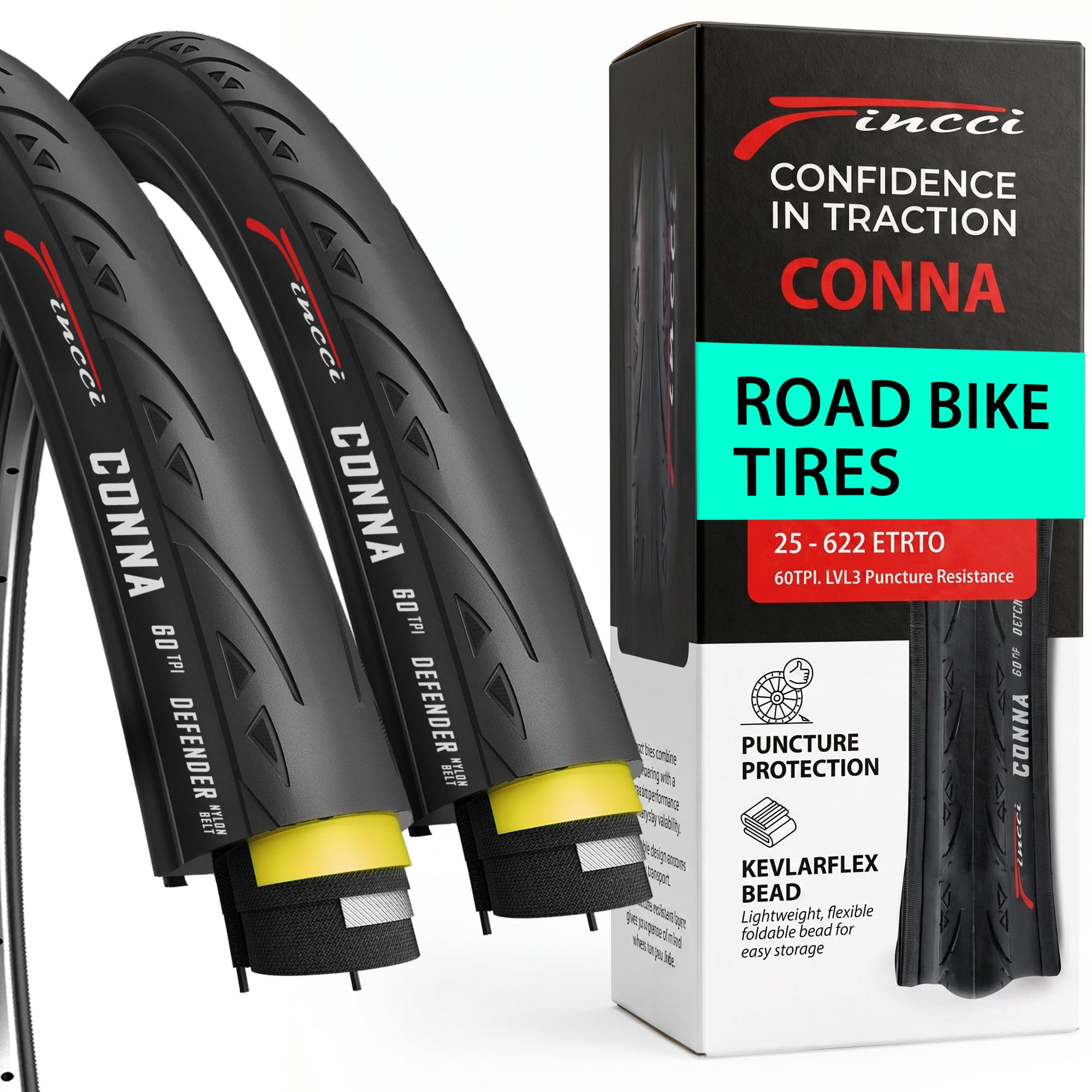 Fincci Opony do roweru wyścigowego, 28 cali, zestaw 2 szt. 700 x 25c składane 25-622 Kevlar 60 TPI
