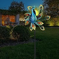 Vista 8 de Molinillo de viento solar para exteriores de metal cinético con iluminación LED, bola de vidrio, pavo real con estaca, molino de viento decorativo