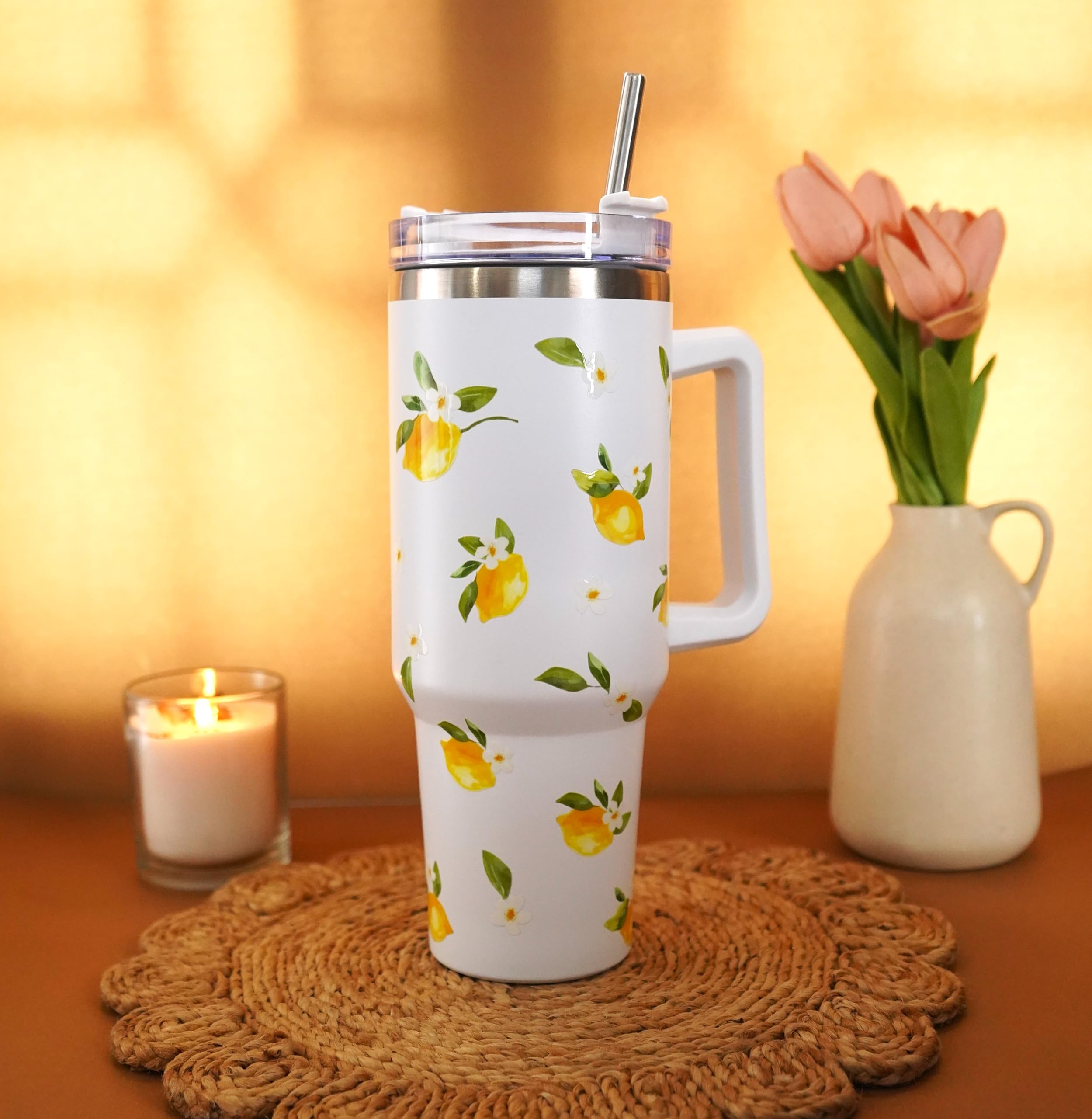 Najarat 1200ML Stainless Steel Tumbler Hot and Cold with Handle and Lid and 2 Straws, Double Insulated Cup Leak Proof Mug Cupholder for Gym, Travelling (White Summer Lemons)