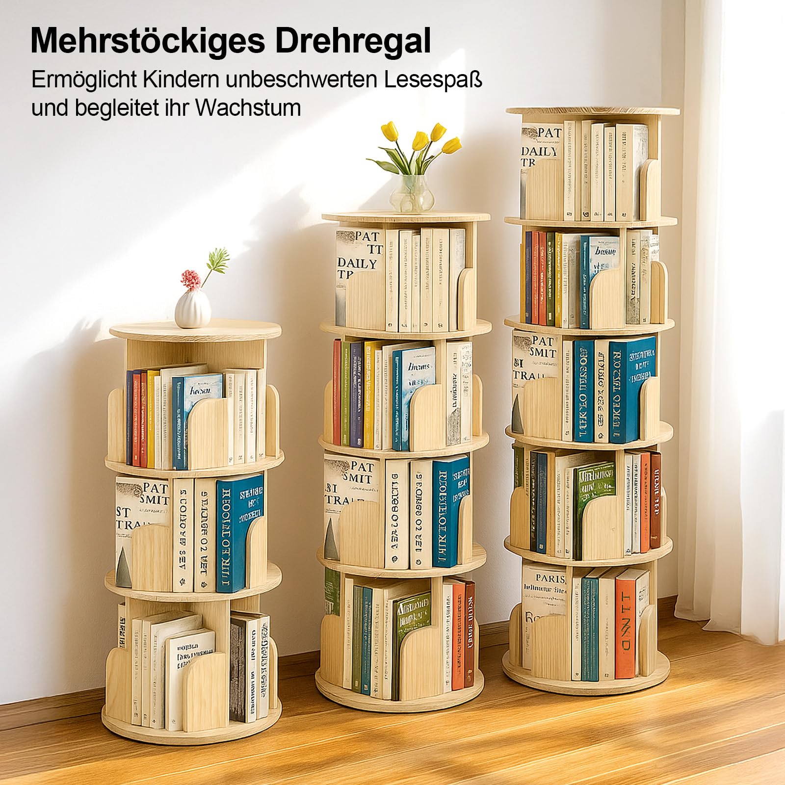 Youyijia 3-Stöckiges Drehbares Bücherregal 360° Frei Bücherregal Kinder Brehregal Düroregal Standregal Drehregal Büroregal Dekoregal für Wohnzimmer, Arbeitszimmer, Büro, als Raumteiler