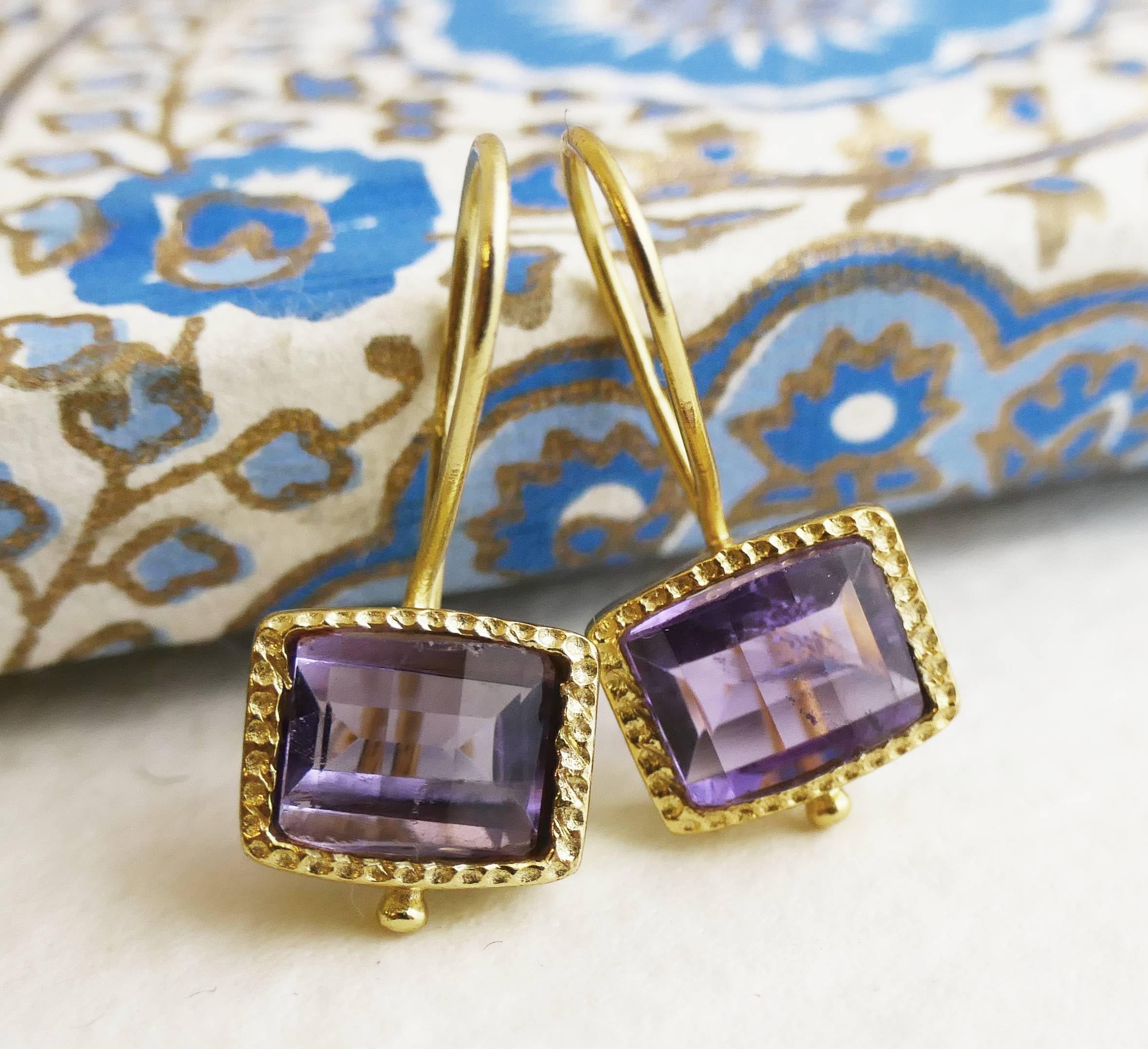 Amethyst Vergoldet 925 Silber Ohrringe | Natürlicher Edelstein - Geburtstagsgeschenk - Handgefertigte Geschenkideen für Frauen (Amethyst)