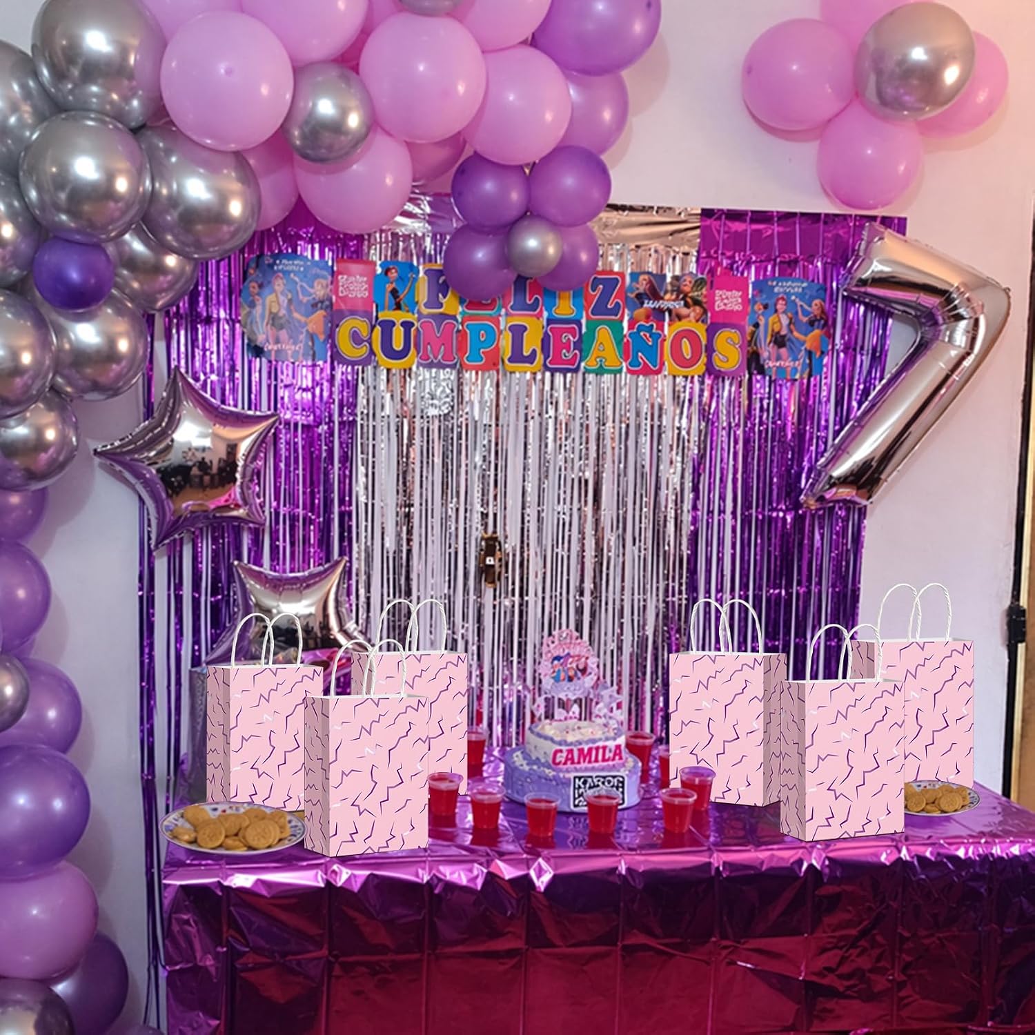24 Pcs Kpop Party Favor Bags, Pink and Purple K Pop Themed Kraft Paper Gift Bags with Handles & 3 Pack Iridescent Purple Kpop Plastic Tablecloth 54x108 Inch image 5
