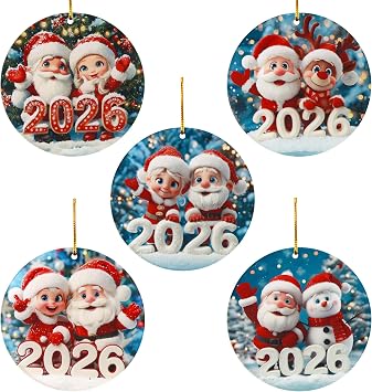 Acrylic Santa Claus Hanging Ornament 5 PCS 2D Colourful Christmas Tree Decorations with String for Home, Wreath, Xmas Craft Present, Holidays and Party Supplies