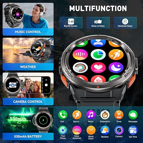 Miniatura 8 de Relojes inteligentes militares para hombres con linterna LED, reloj inteligente táctico resistente con 1.45 pulgadas HD, 3ATM impermeable y brújula,