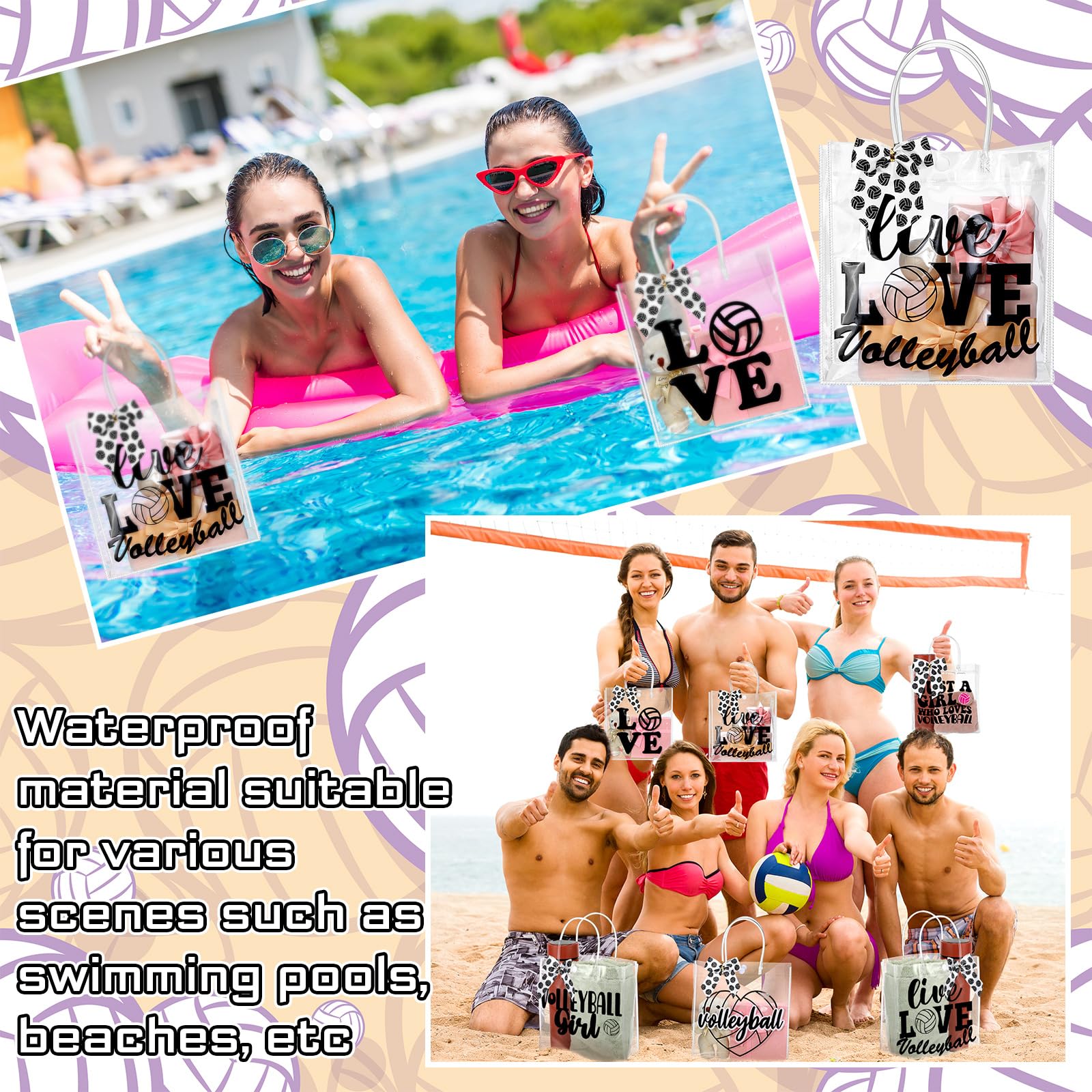 Vicenpal 12 Sets Clear Volleyball Gift Bag with Handles 12 Pcs Bows PVC Plastic Volleyball Treat Goodie Snack Bags 7.9 x 7.9 x 3.1'' Sport Theme Party Favors for Birthday Holiday Sports Team Gifts