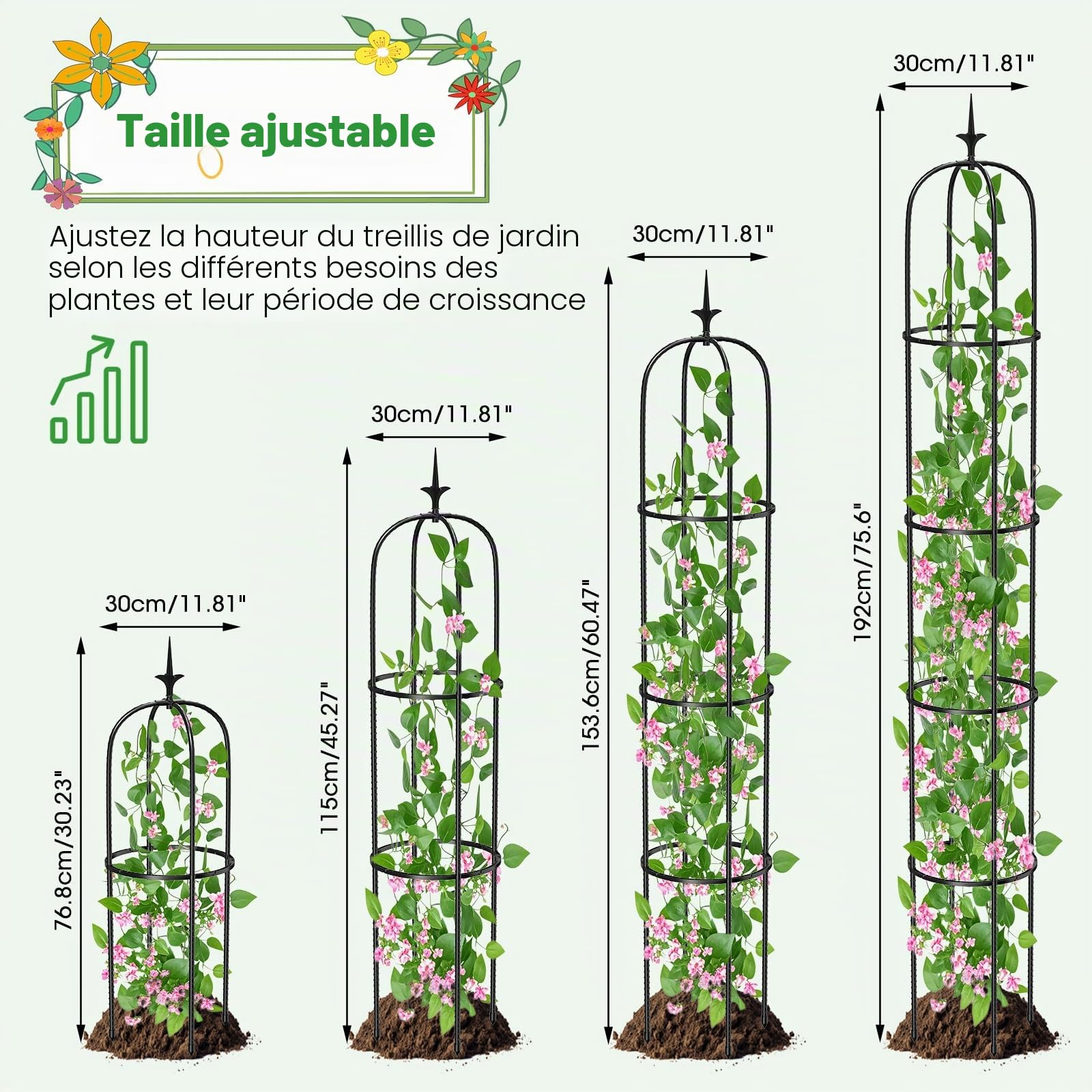 MQUPIN Treillis de Jardin pour Plantes Grimpantes,192CM Noir Tour Jardin Obélisque Treillis Métal Antirouille Plante Pot Support Escalade pour Intérieur Extérieur Fleurs Légumes Fruits(2 Pièces)