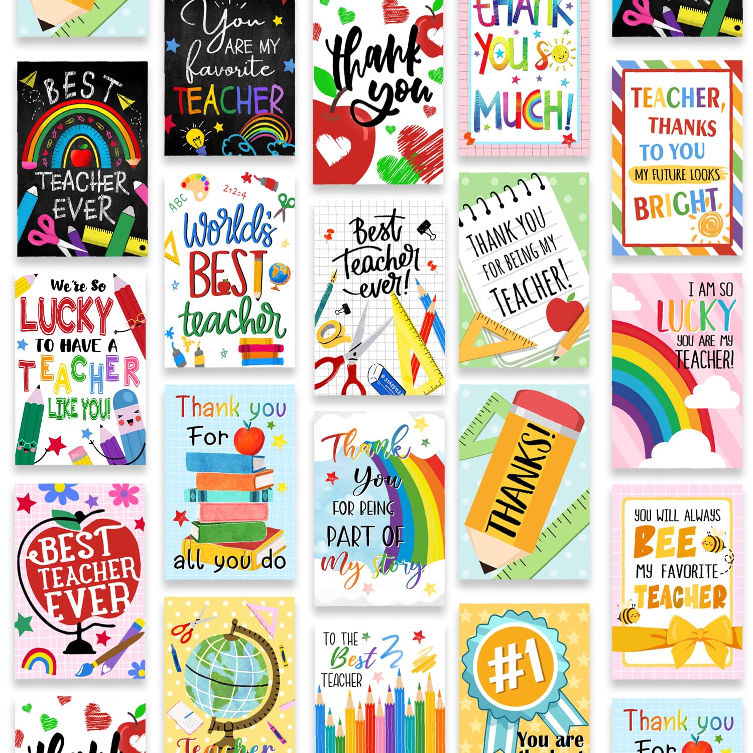 Teacher Appreciation Cards Set-36 Pack Best Teacher Ever Greeting Cards Boxed Envelopes and Stickers for Sealing, 18 Assorted Designs Bulk Blank Cards for Back to School Gifts 5x7 Inch