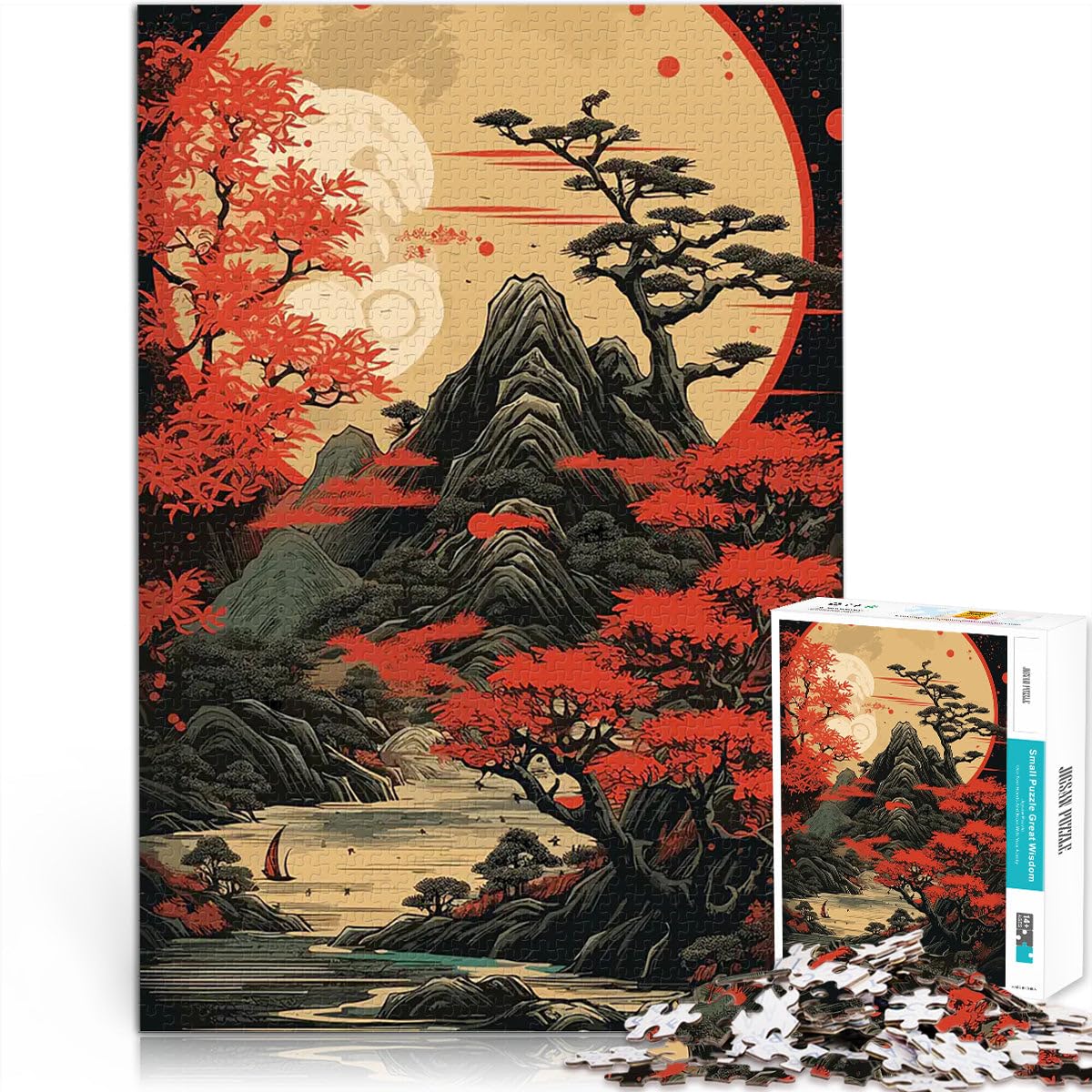 Jigsaw Puzzles 1000 Pieces for teenagers Japanese Red Black Art Stressabbau Einzigartige Geburtstags- und Geschenkideen52x38cm — image 1