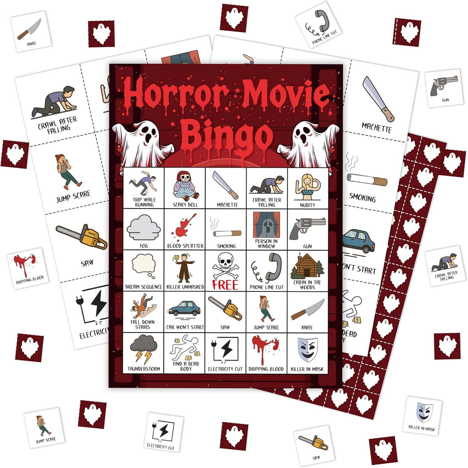Horror Movie Bingo Game, Movie Theme Party Games, Large Group Family Activities Favors Supplies Decorations, Halloween Party Game Cards for Adults, 24 Players Bingo Games,13