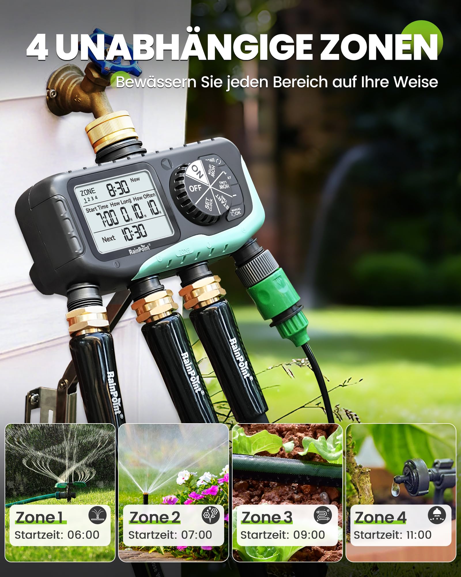 RAINPOINT Bewässerungscomputer 4 Ausgänge, Messingeinlass, IP65 Wasserdicht Wasserzeitschaltuhr mit Regenverzögerung/Manueller Bewässerung, Automatische Bewässerung für Rasen und Garten
