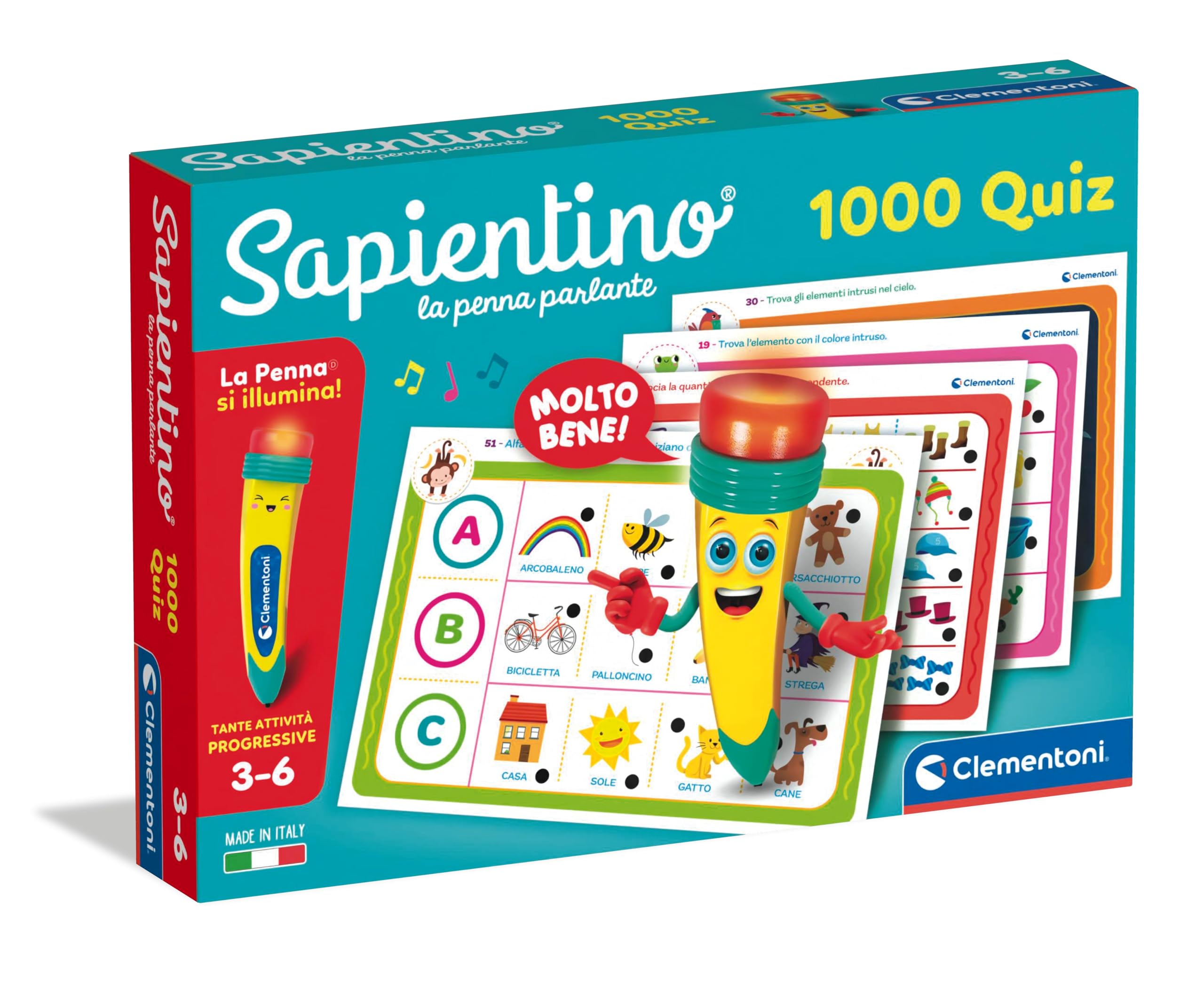Clementoni Sapientino – La Penna Parlante 1000 Quiz, Gioco Educativo con Penna Interattiva per Bambini 3-6 Anni, Schede per Imparare Lettere, Numeri e Parole, Made in Italy, Lingua Italiana, 16495