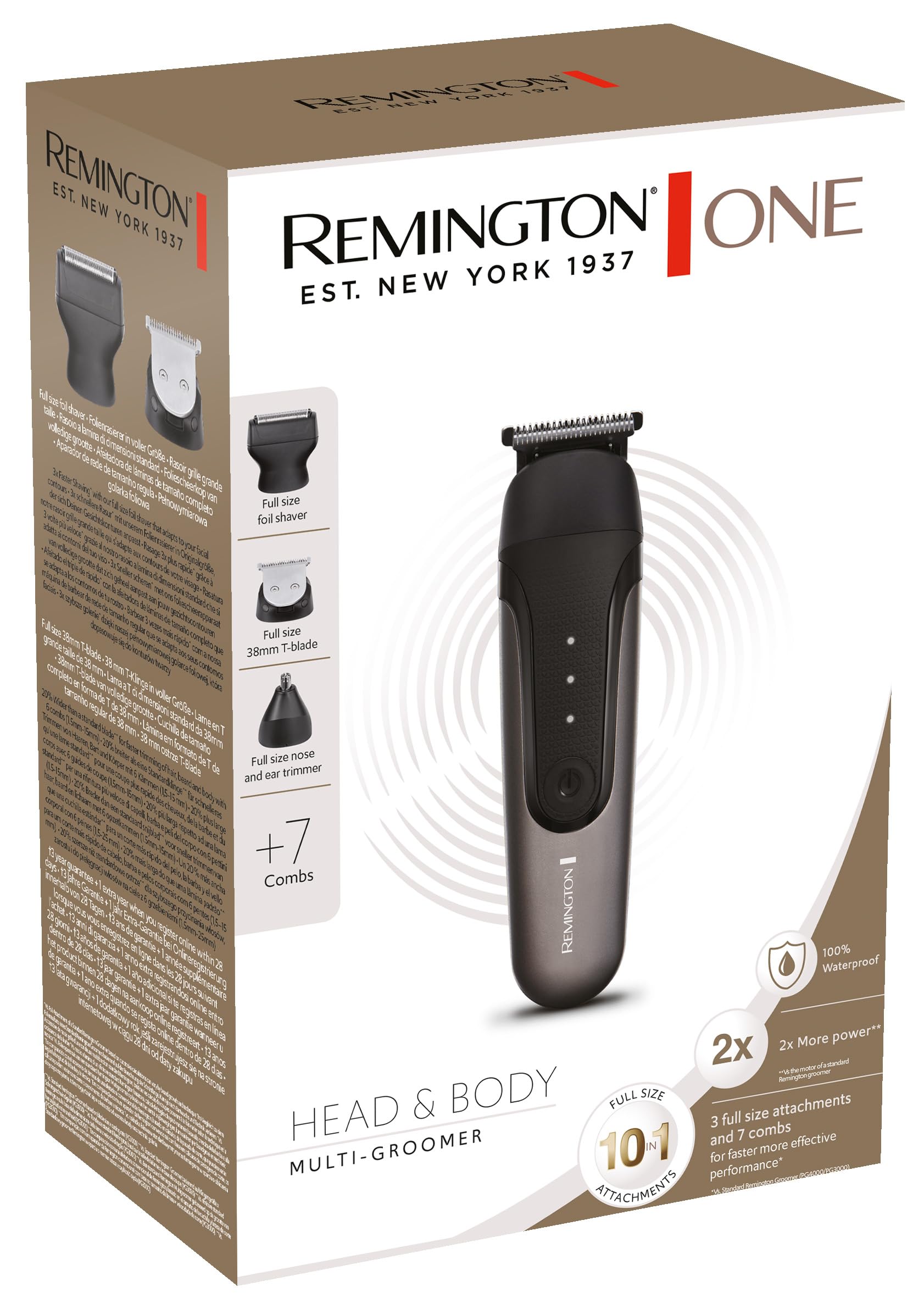 Remington ONE Rasoio Elettrico Multiuso, 10 Testine e Pettini, Impermeabile | Batteria al Litio a Lunga Durata, Autonomia 60 Minuti con Ricarica USB-C, Accessori per Cura di Corpo Naso e Orecchie