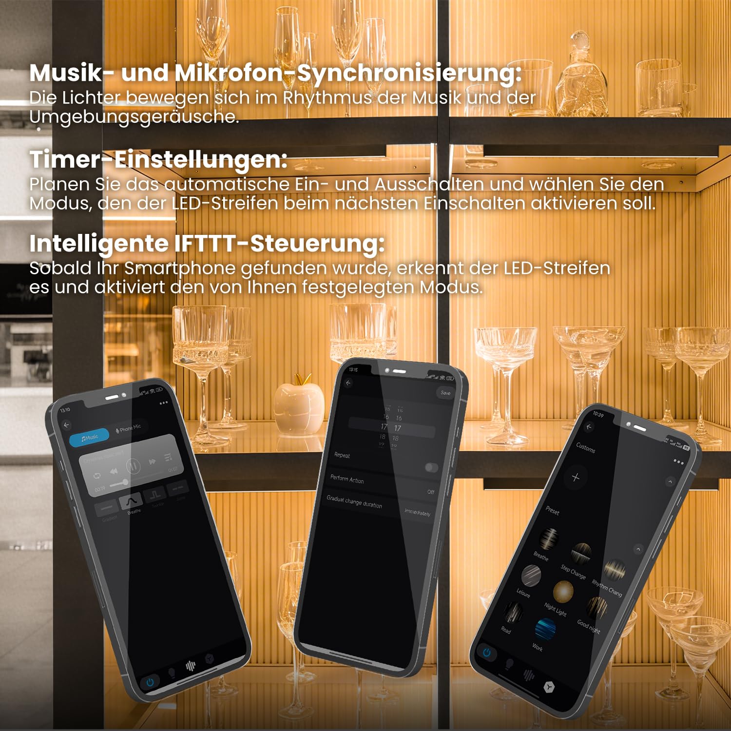 Vitrinenbeleuchtung LED Regalbeleuchtung, Schrankbeleuchtung mit Alexa, V-Form LED-Beleuchtungsset WiFi Dimmbar 2700K, App & Fernbedienung, Speicherfunktion (4 * 30cm)
