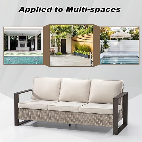 Miniatura 6 de Joyside Sofá de mimbre para patio al aire libre, sofá de ratán de 3 plazas con cojines gruesos de olefina y reposabrazos rectangular con marco de