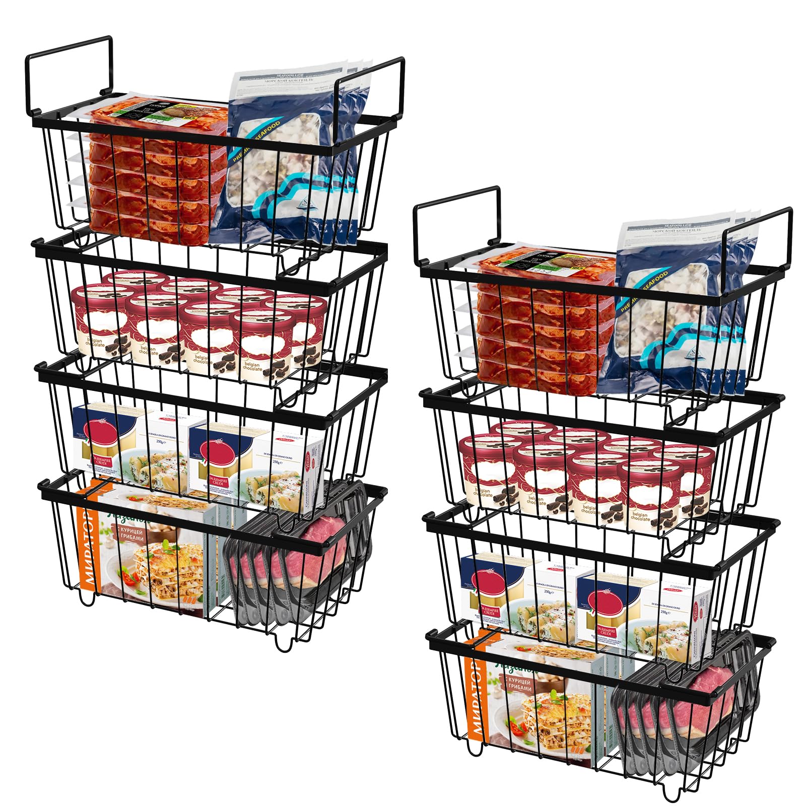 Kweetle 8Pack Freezer Organizer Bins, Stackable Deep Freezer Organizer Bins for Upright Freezer, Wire Storage Baskets with Handles for Easy Access to Bottom Food, Black