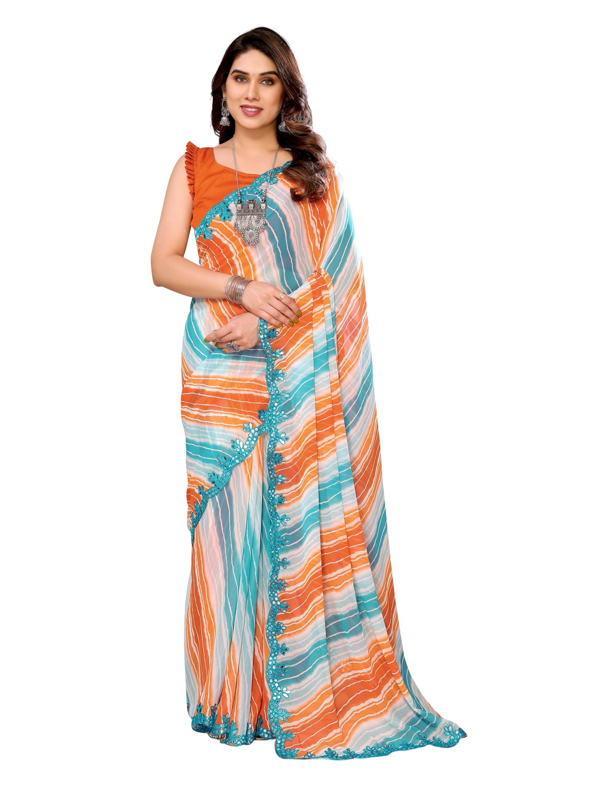 rajeshwar fashion with rf Georgette Fancy Printed Sarees For Women With Mirror Sequence Embroidered Work Lace Border & Solid Unstitched Blouse Piece(Simran)-picture-29
