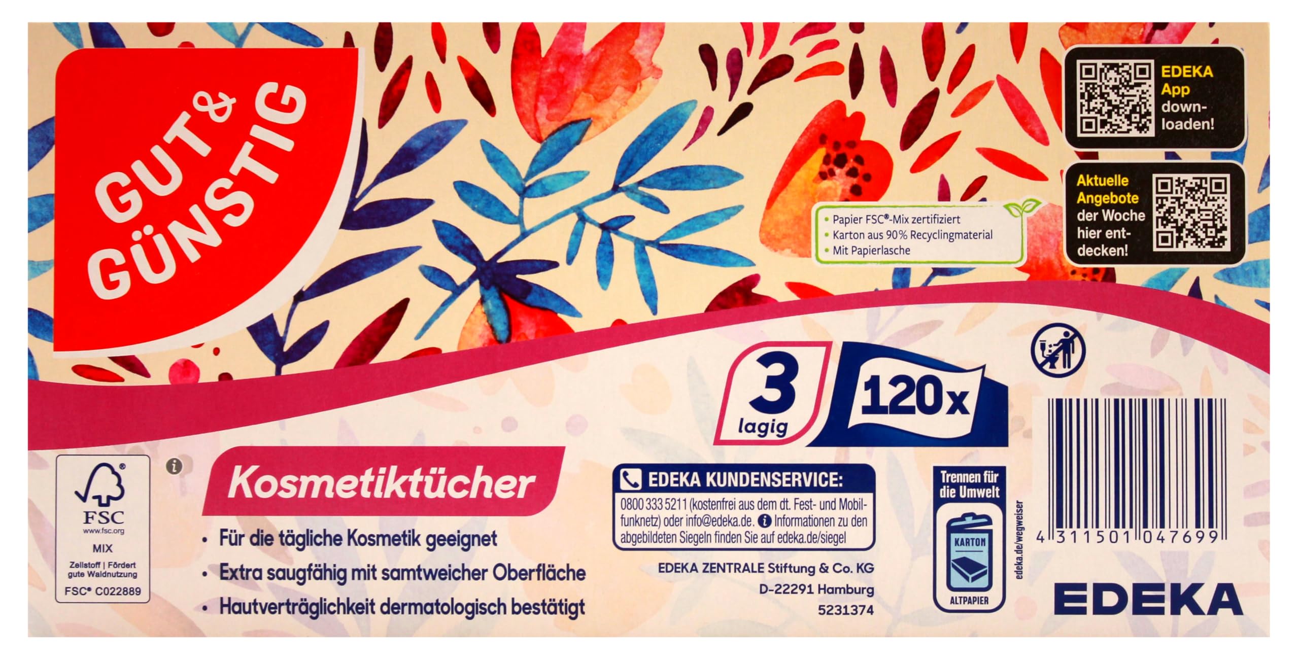 Edeka 3-lagige Kosmetiktücher, 2160 Tücher (18 x 120 Tücher), Unparfümiert, Schachtel