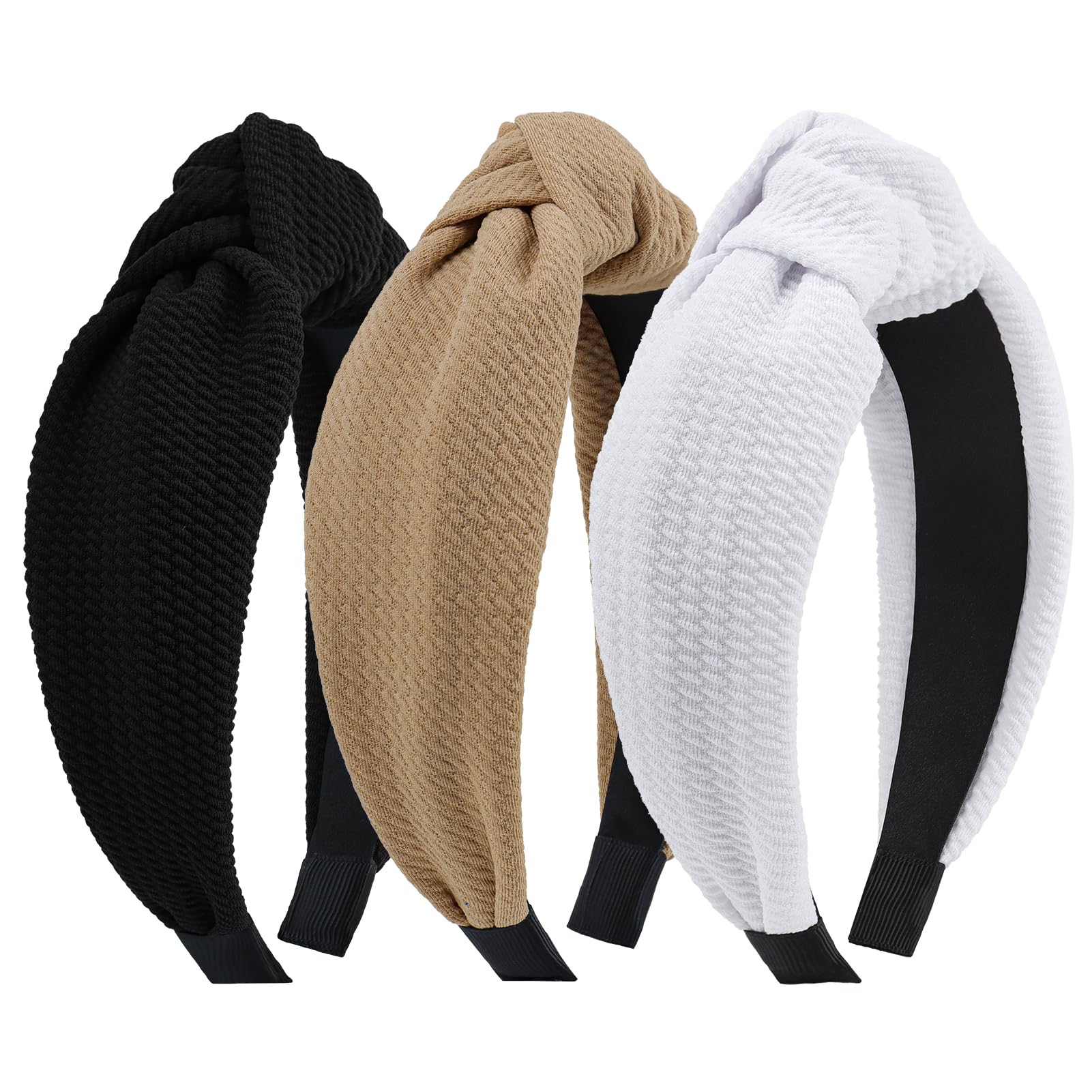 YanJie Knotted Headbands for Women and Girls Non Slip Hair Band Wide Bow Headband Fashion Waffle Head Band Hair Accessories Black and White 3PCS