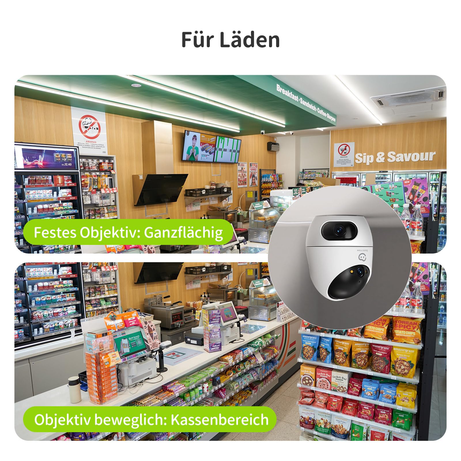Beans View 2K+2K (3MP+3MP) Innenkamera Zwei Objektiven für Überwachung und Sicherheit, 2,4 GHz WLAN, 360°-Überwachung, Farb-Nachtsicht, Personenerkennung, Automatische Verfolgung, Kompatibel Alexa