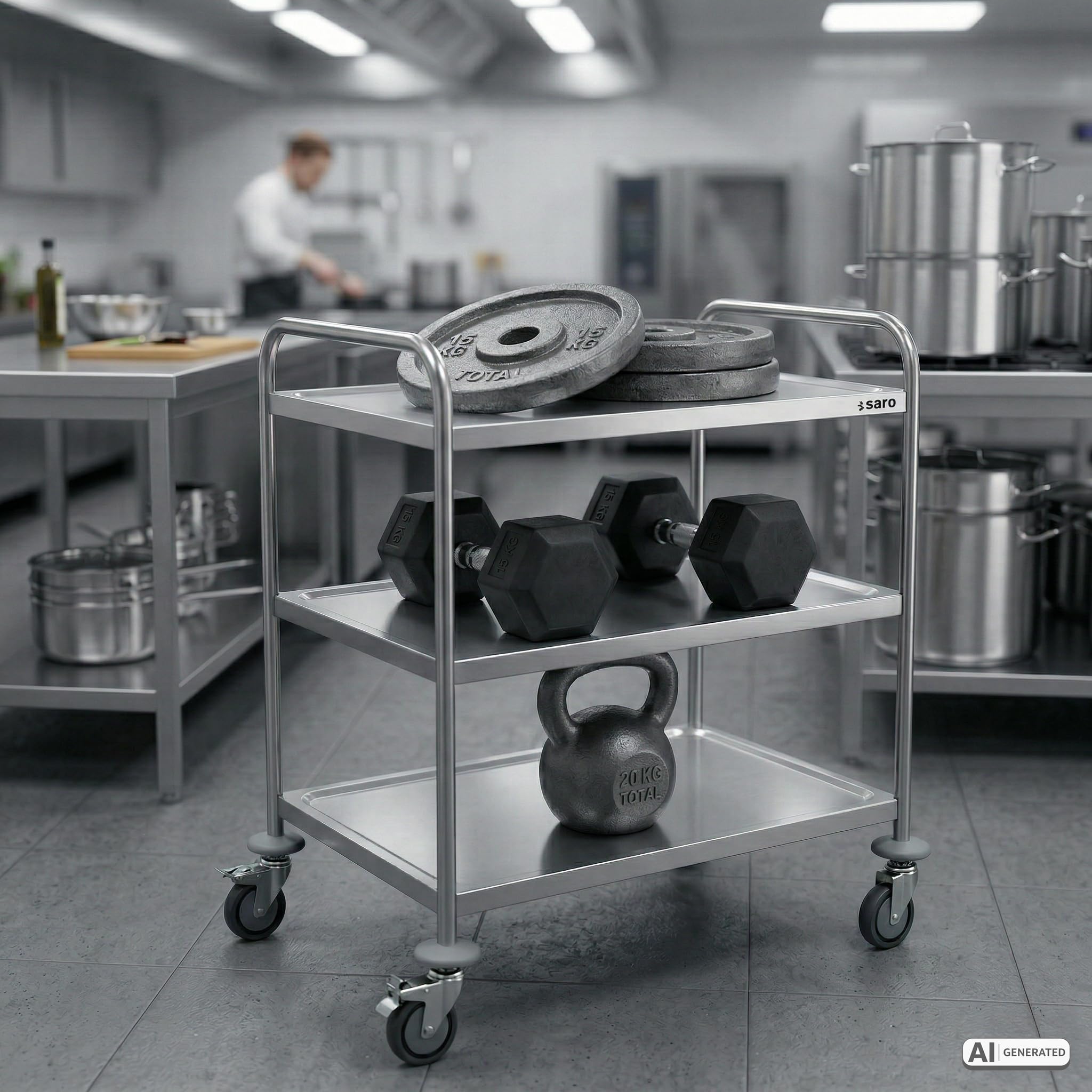 SARO BASTIAN - Carrello da trasporto a 3 ripiani, in acciaio inox, con portata da 80 kg, 4 ruote (2 con freno), da 86 x 54 x 94 cm, per settore gastronomico e servizio