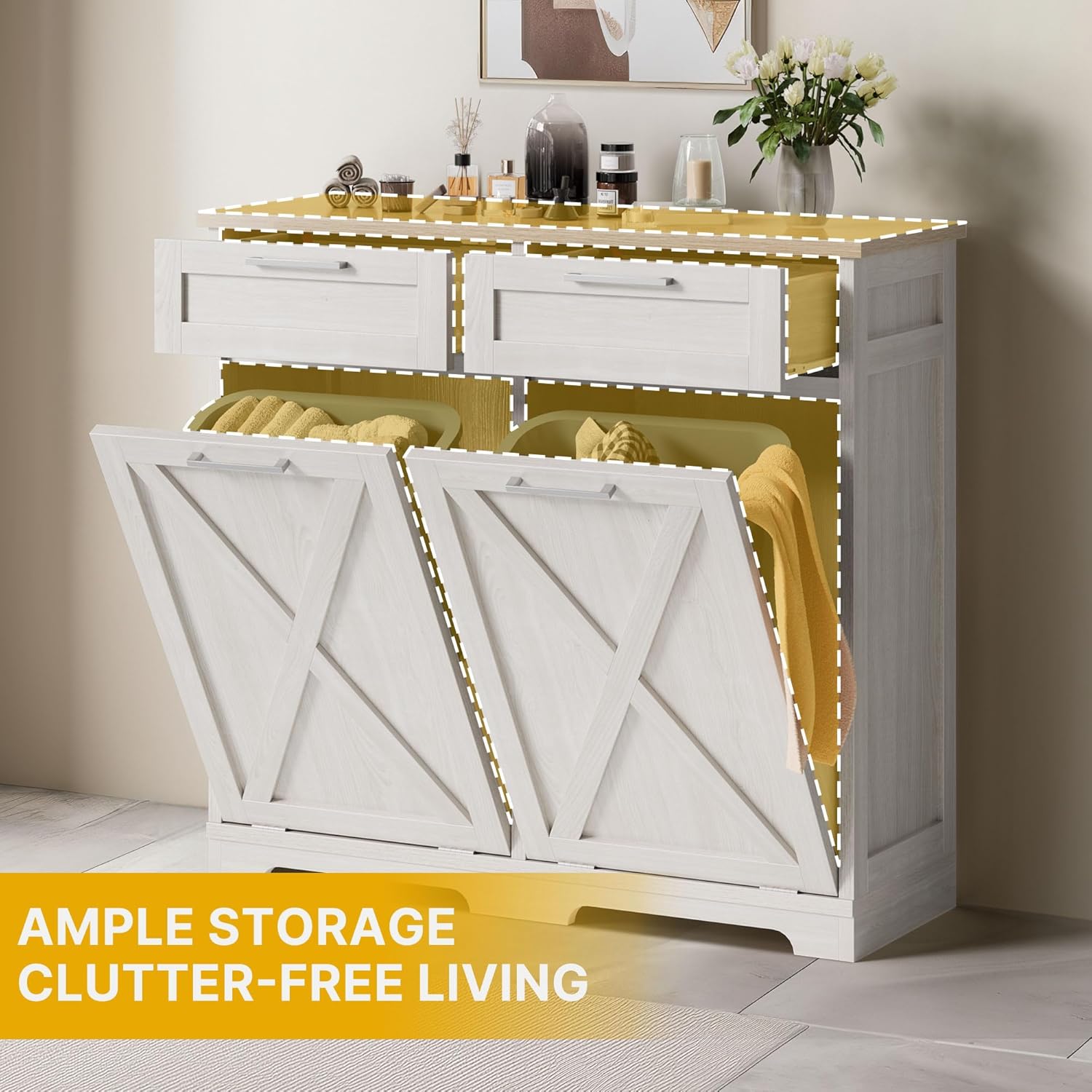 DWVO Double Tilt Out Trash Can Cabinet 20 Gallon, Kitchen Hidden Garbage Can Cabinets with 2 Drawers, Laundry Hamper Cabinet, Off White