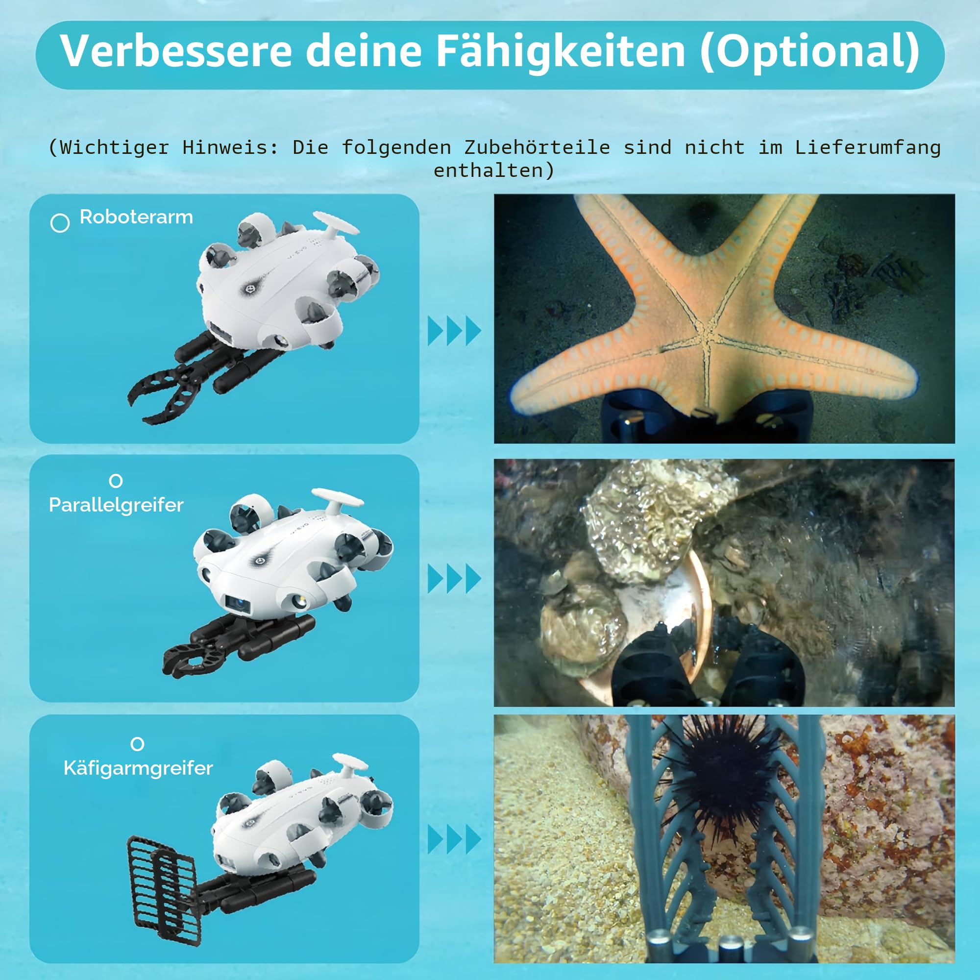 FIFISH V-EVO 4K Unterwasser-Drohne mit Roboterarm AI-Visionssperre 360° allrichtungsfähige Bewegung 100M Tauchen Unterwasser-ROV (Roboterarm hinzufügen)