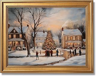 Gold Framed Vintage Christmas Village Landscape Wall Art Classic Winter Scene Poster Pine Tree Snowy Town Canvas Prints Nostalgic Holiday Painting Picture for Bedroom Home Decor 12x16inch