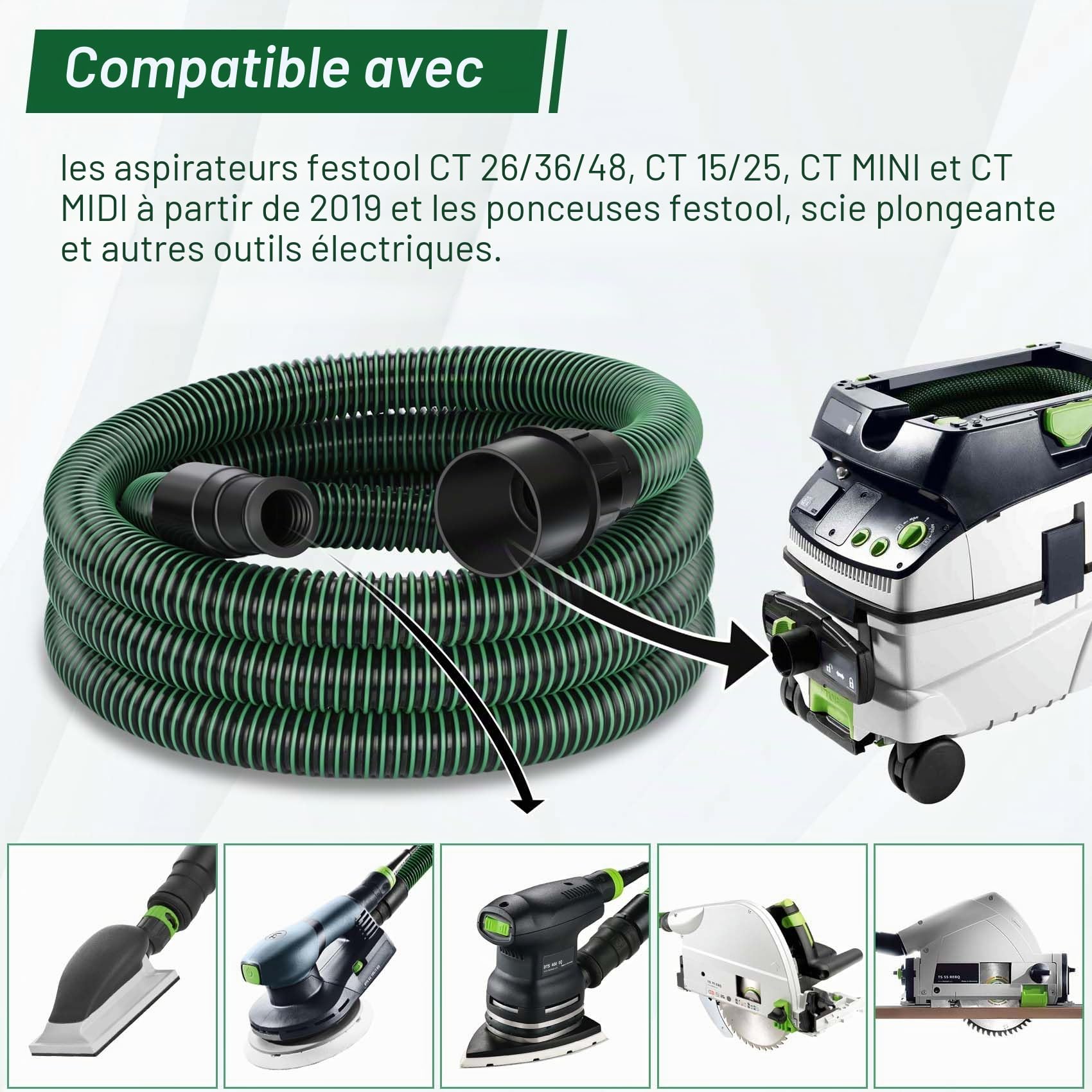 Tuyau d'extraction de poussière pour tuyau d'aspiration Festool D27/32 x 5 m, compatible avec Festool CT 26/36/48 CT 15/25 CT MINI et CT MIDI à partir de 2019