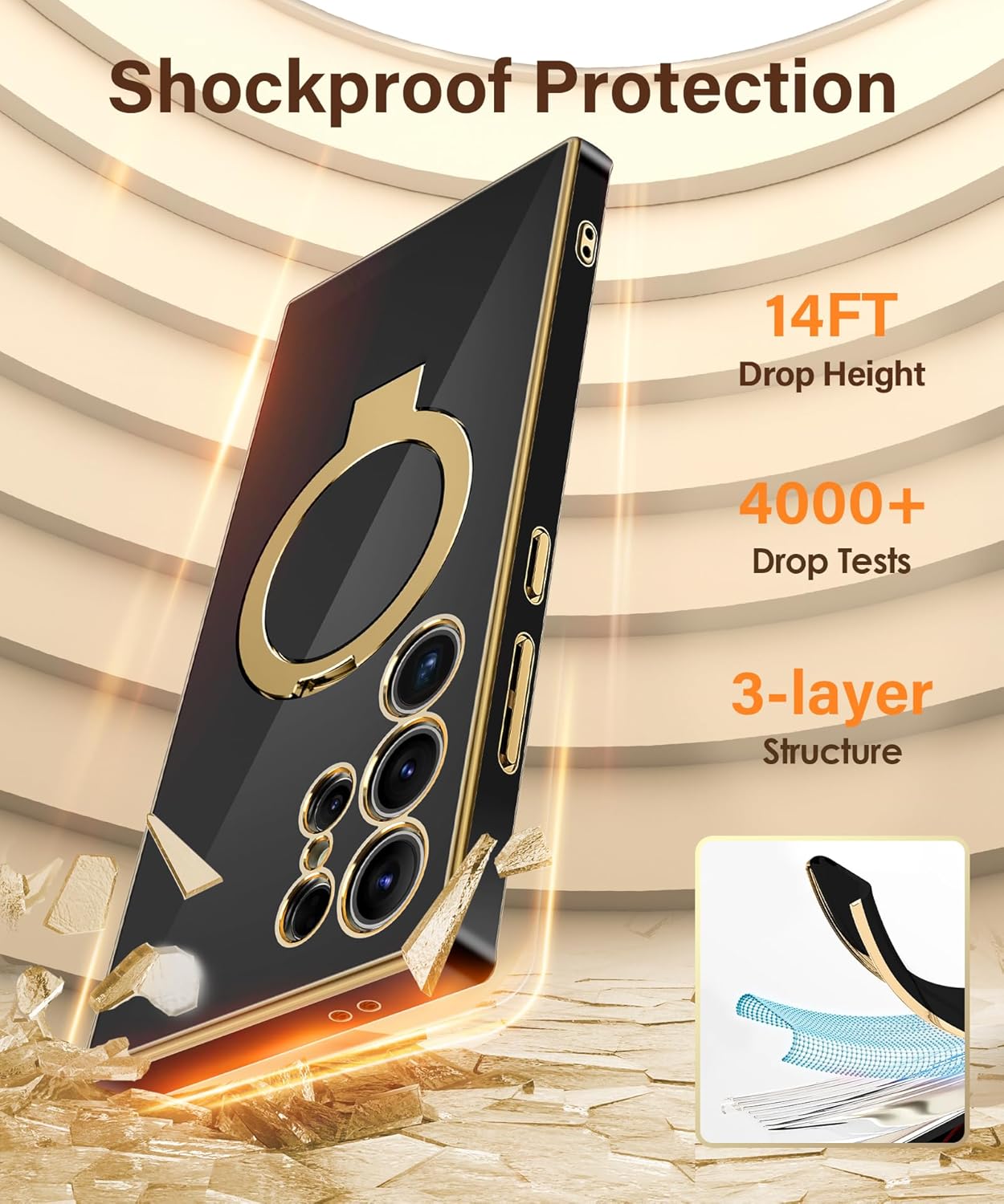 CAPRARO for Samsung Galaxy S24 Ultra Case with Magnetic Ring Stand,[Compatible with MagSafe][Military Drop Protection] Shockproof Protective Slim Phone Case for S24 Ultra, Black