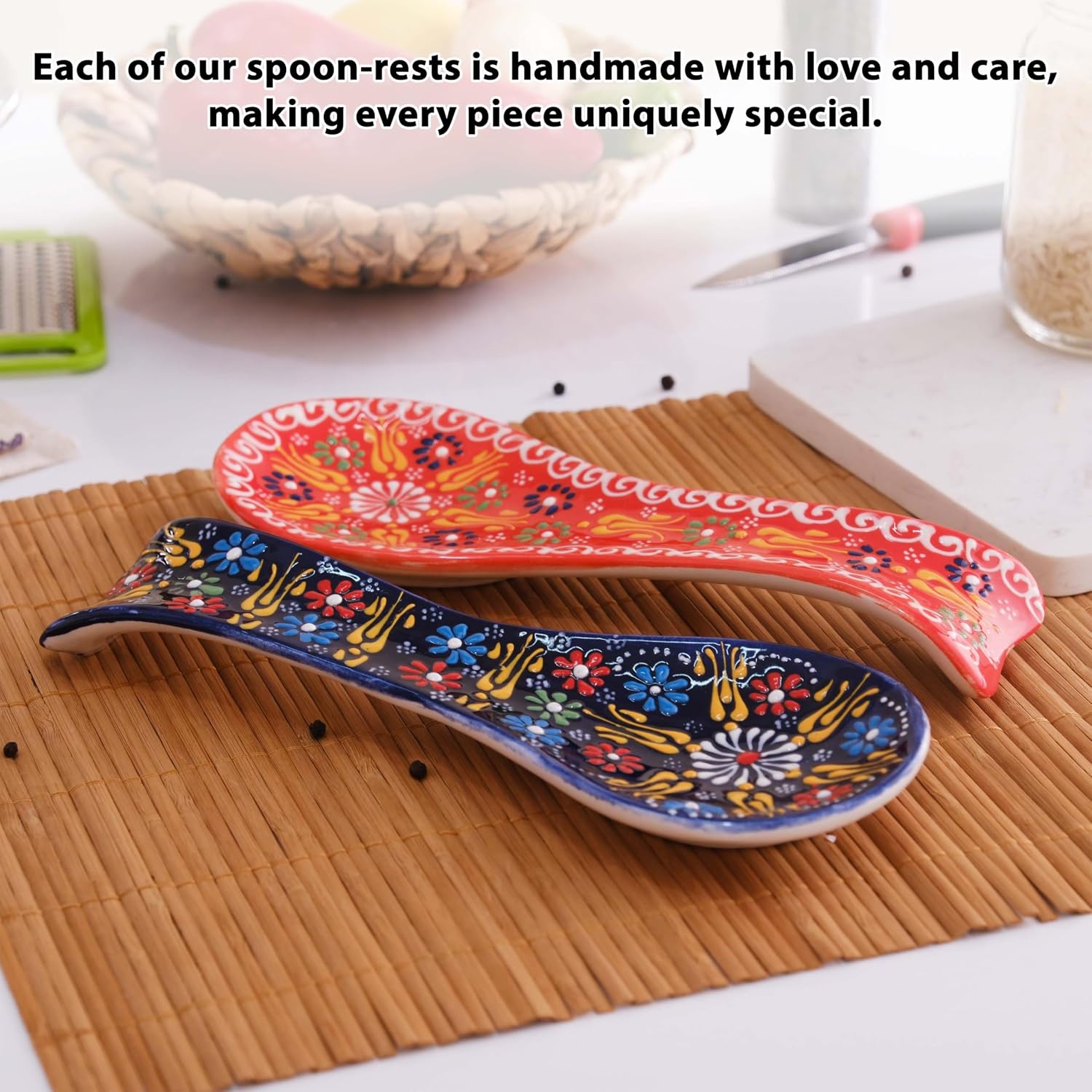 2 pcs Handmade Ceramic Spoon Rest for Kitchen Counter and Stove Top – Large Cooking Utensil Rest, Decorative Spoon Holder for Countertop (Orange-NavyBlue)