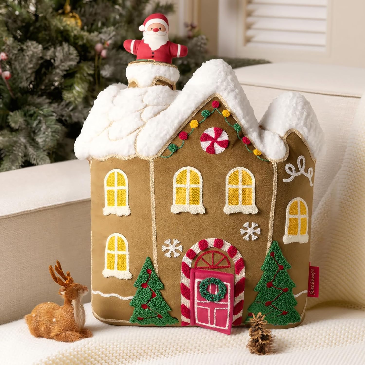 Phantoscope Gingerbread Series House Merry Christmas Throw Pillow, Velvet Christmas Shaped Pillow with Faux Fur Roof & 3D Santa Claus Decorative Xmas Pillow for Couch, Brown, 17.5 x 16in